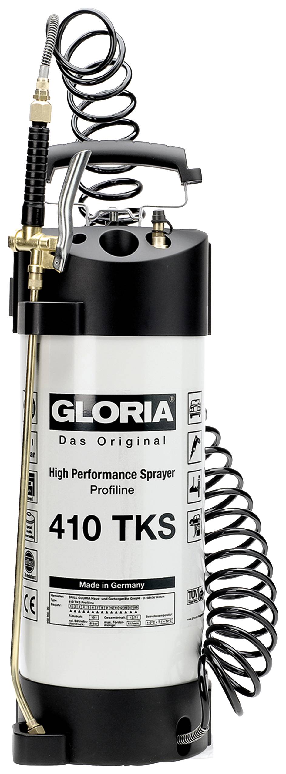 Postřikovač 'GLORIA 410 TKS', černý kryt, spirálové hadice, vysoce výkonný postřikovač pro profesionální použití, vyrobeno v Německu.