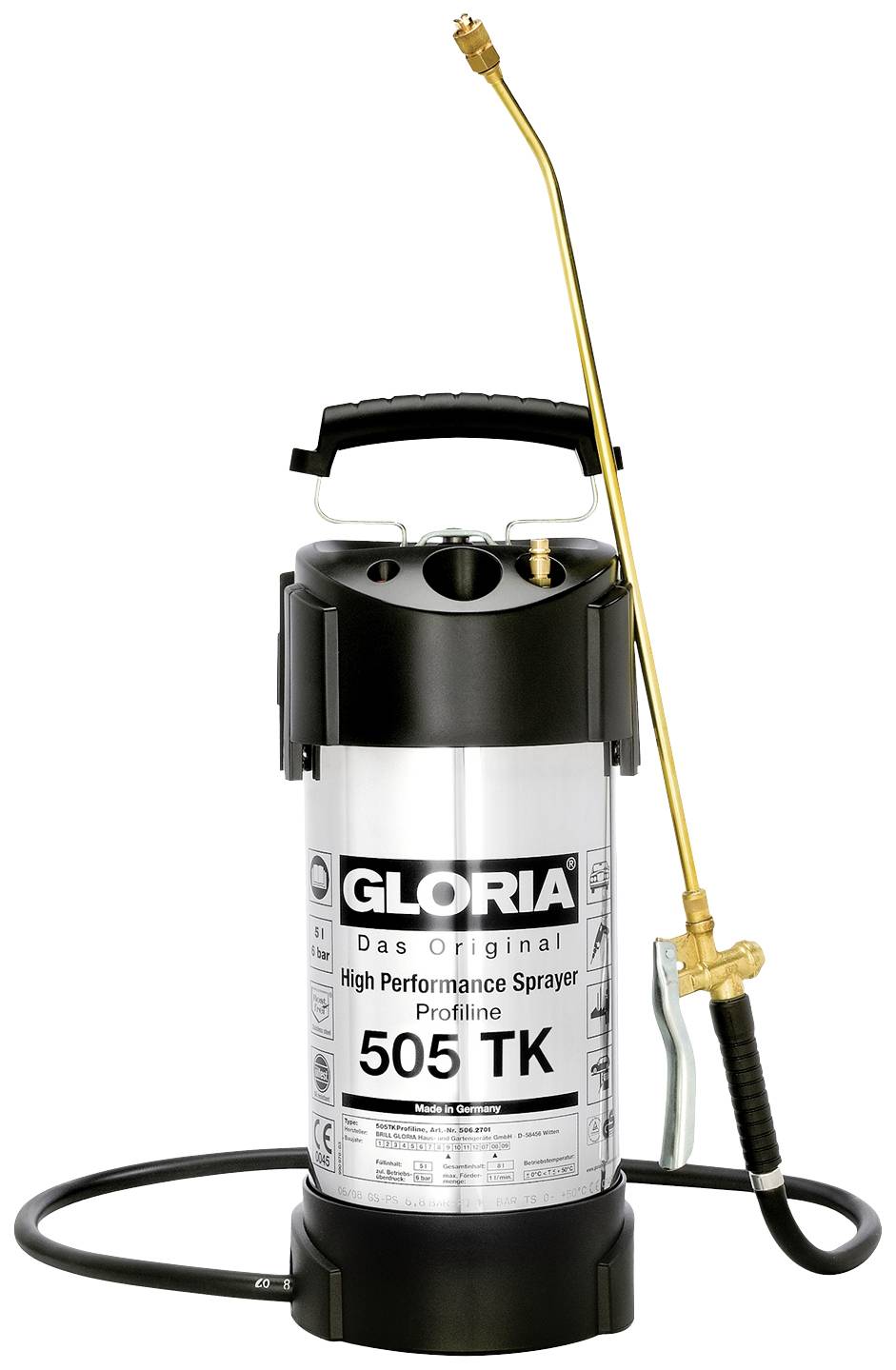 Vysokovýkonný postřikovač 'Gloria 505 TK' s dlouhou kovovou postřikovací trubicí a hadicí, vhodný pro různé postřikové aplikace.