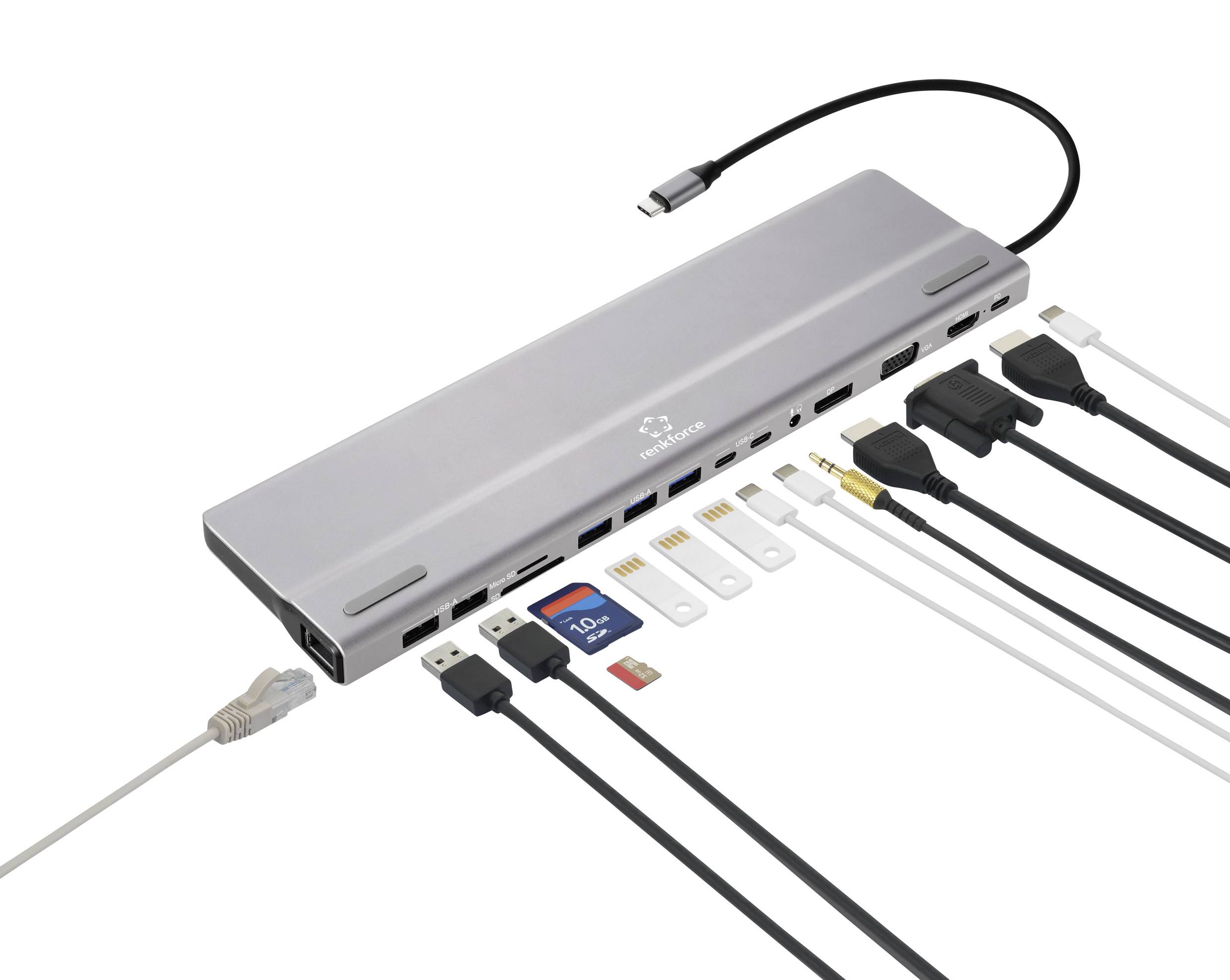 Stříbrný USB-C hub s několika porty, včetně USB, HDMI a Ethernetu. Do různých portů jsou zapojena různá kabely.