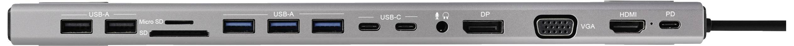 Stříbrný USB-C hub s několika porty, včetně USB, HDMI, Ethernetu, čtečky SD karet a sluchátkové zdířky, umístěný na šedém povrchu.