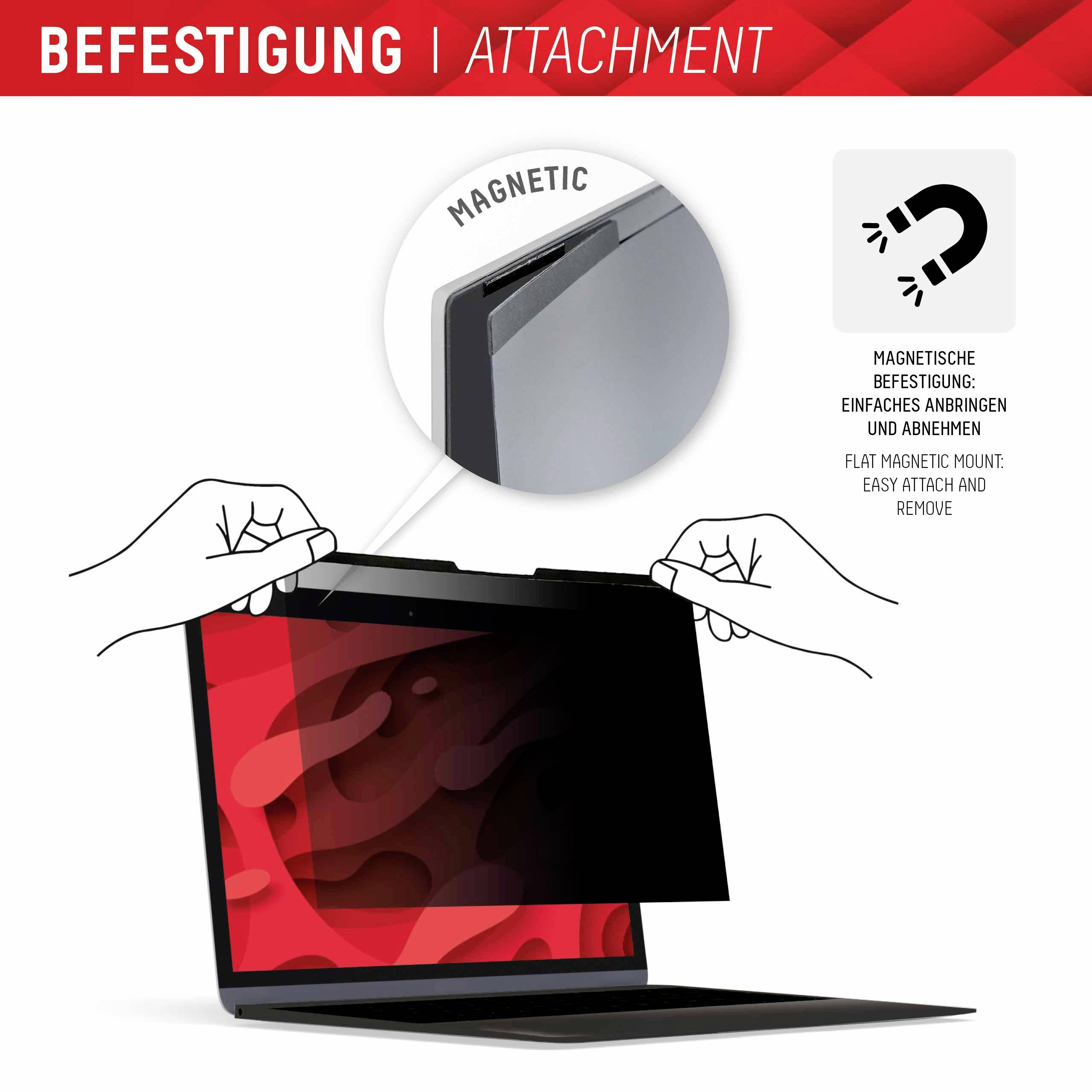Notebook s magneticky upevnitelným filtrem soukromí displeje. Filtr lze snadno nasadit a sejmout.