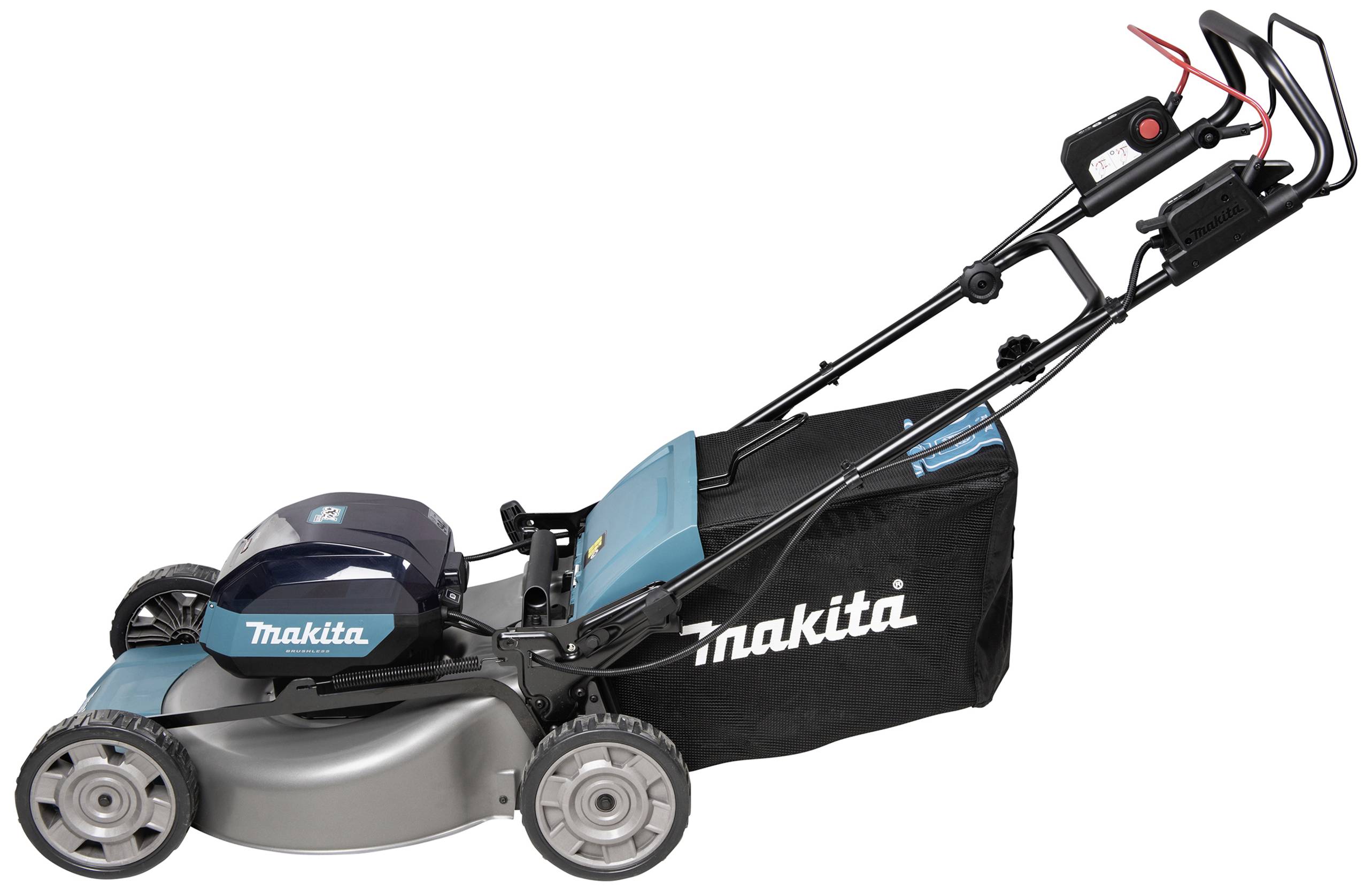 Elektrická sekačka Makita v modro-černém designu s bočním košem na trávu.