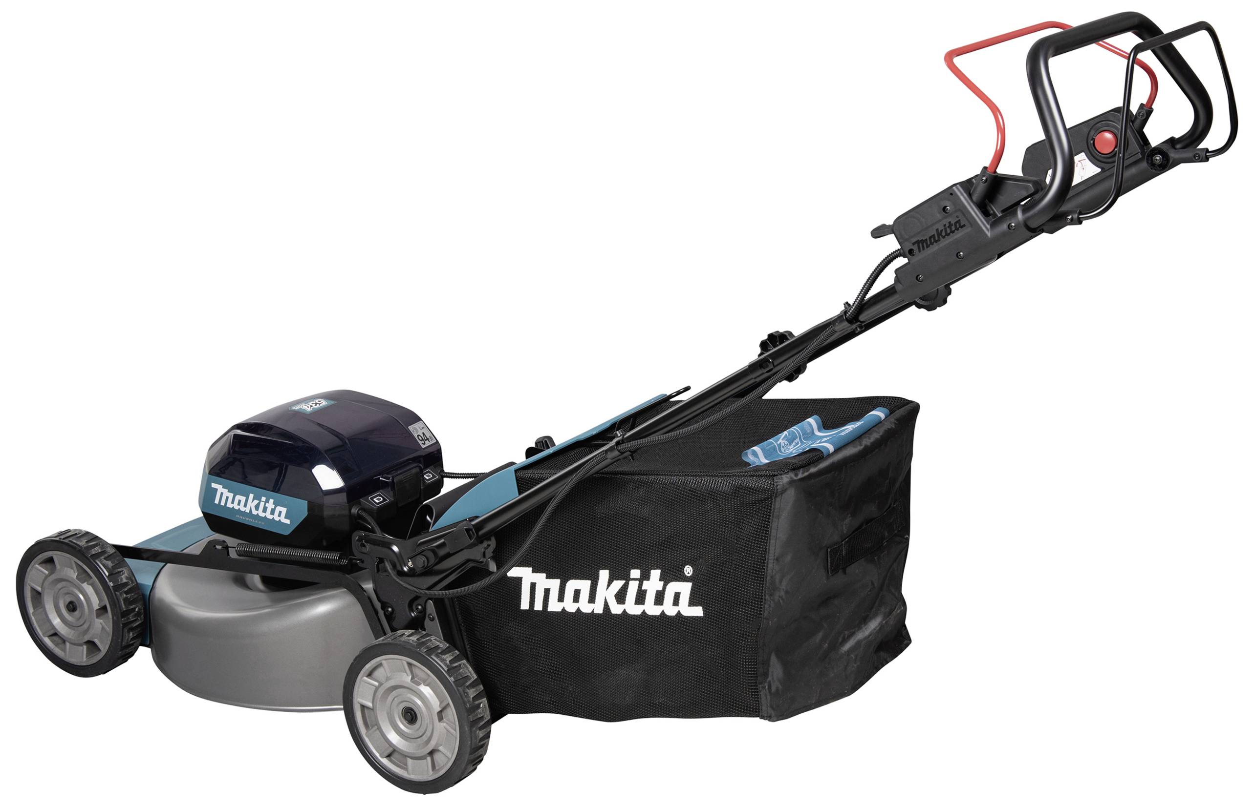 Elektrická sekačka Makita s košem na trávu, černá, na bílém pozadí. Sklopná rukojeť a čtyři kola jsou viditelná.