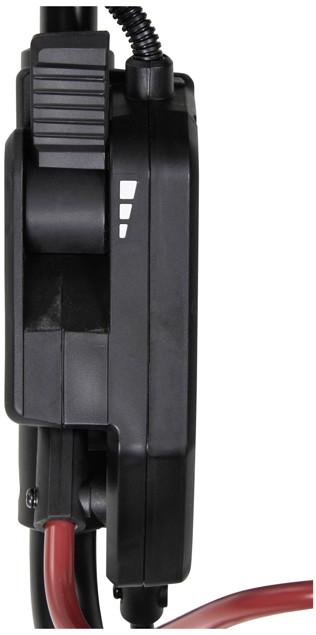 Černé elektronické zařízení s kabely, pohled z boku. Obsahuje ovládací prvky a symbolové značení.