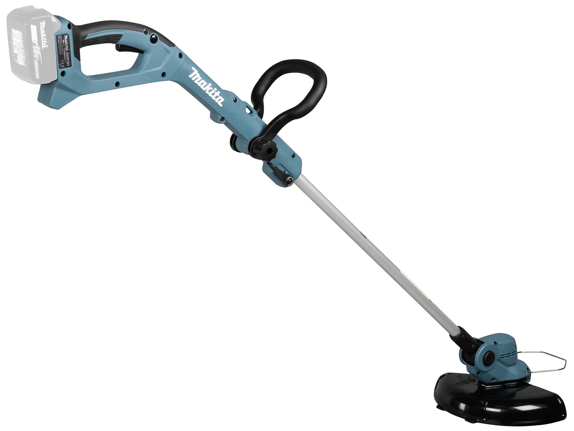 Modrý a černý akumulátorový travní zastřihovač s ergonomickou rukojetí a ochranným krytem.