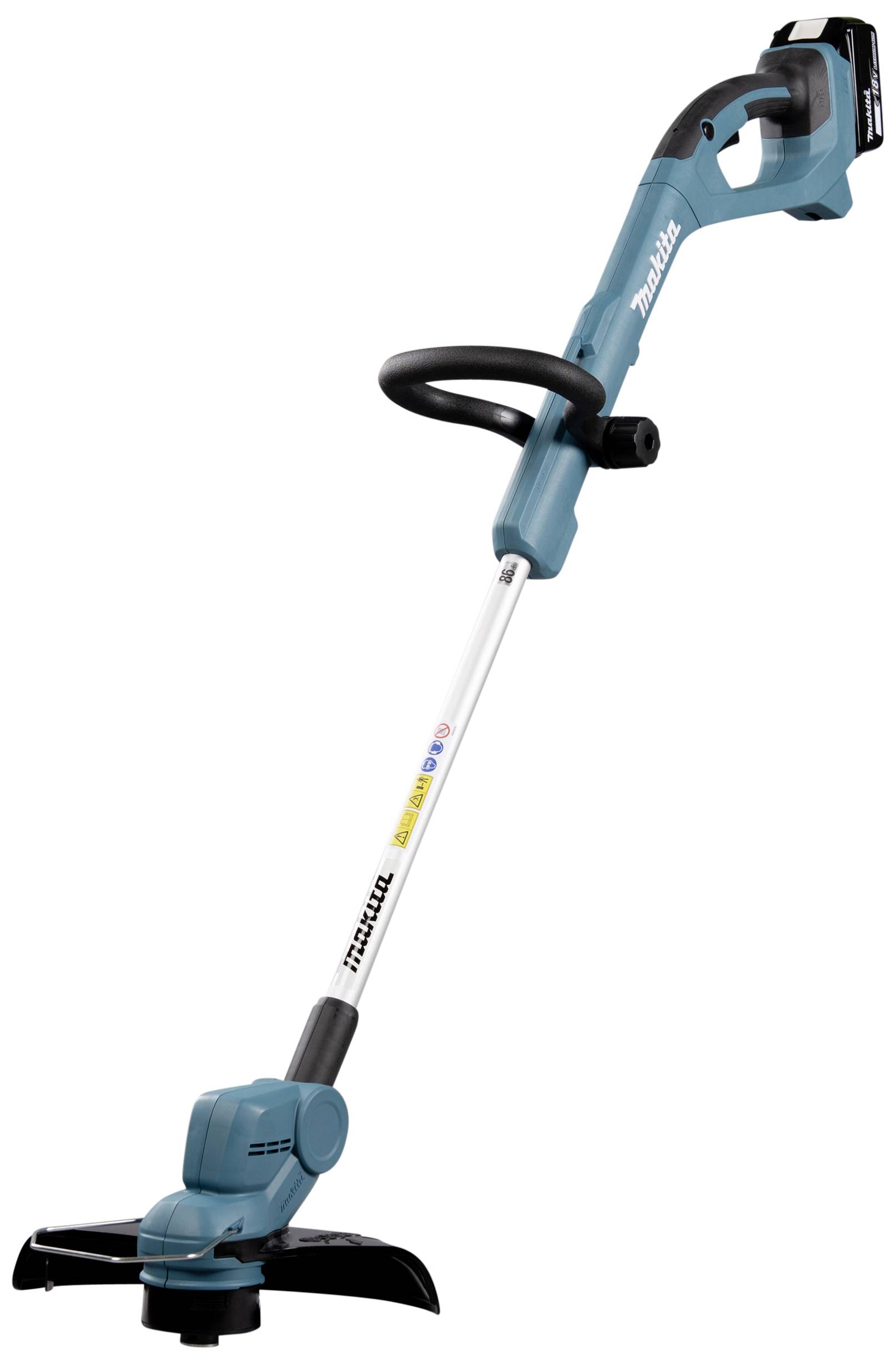 Modrý akumulátorový vyžínač s ergonomickou rukojetí a sekací hlavou. Vyvinut pro přesné řezání okrajů v zahradách nebo travnatých plochách.