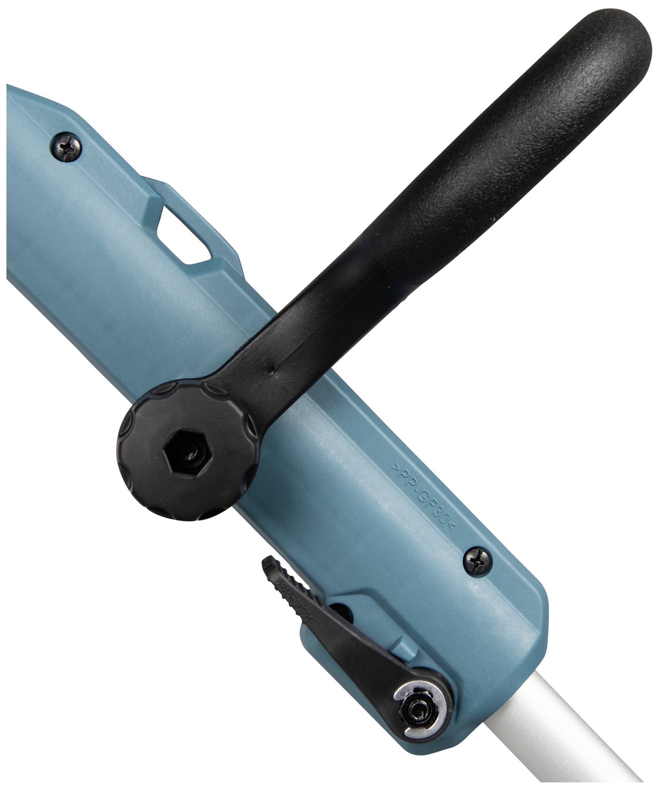 Detailní záběr černé páky na modrém zařízení, který ukazuje uzamykací mechanismus pro nastavení polohy.