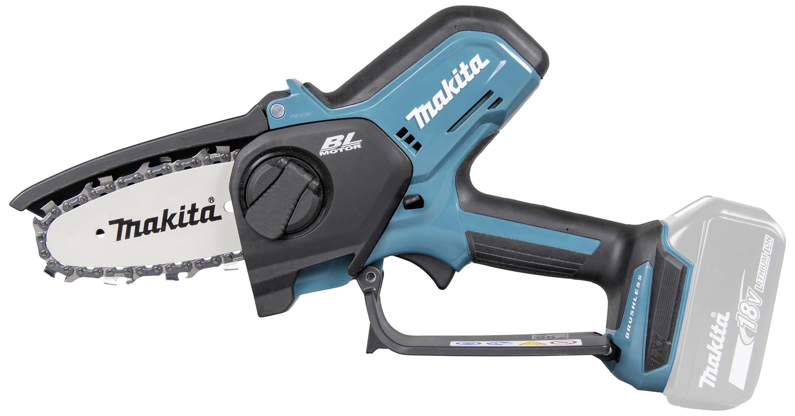 Akumulátorová řetězová pila, značka Makita, model 18V, v modro-černém provedení. Vhodná pro lehké až střední řezací práce.