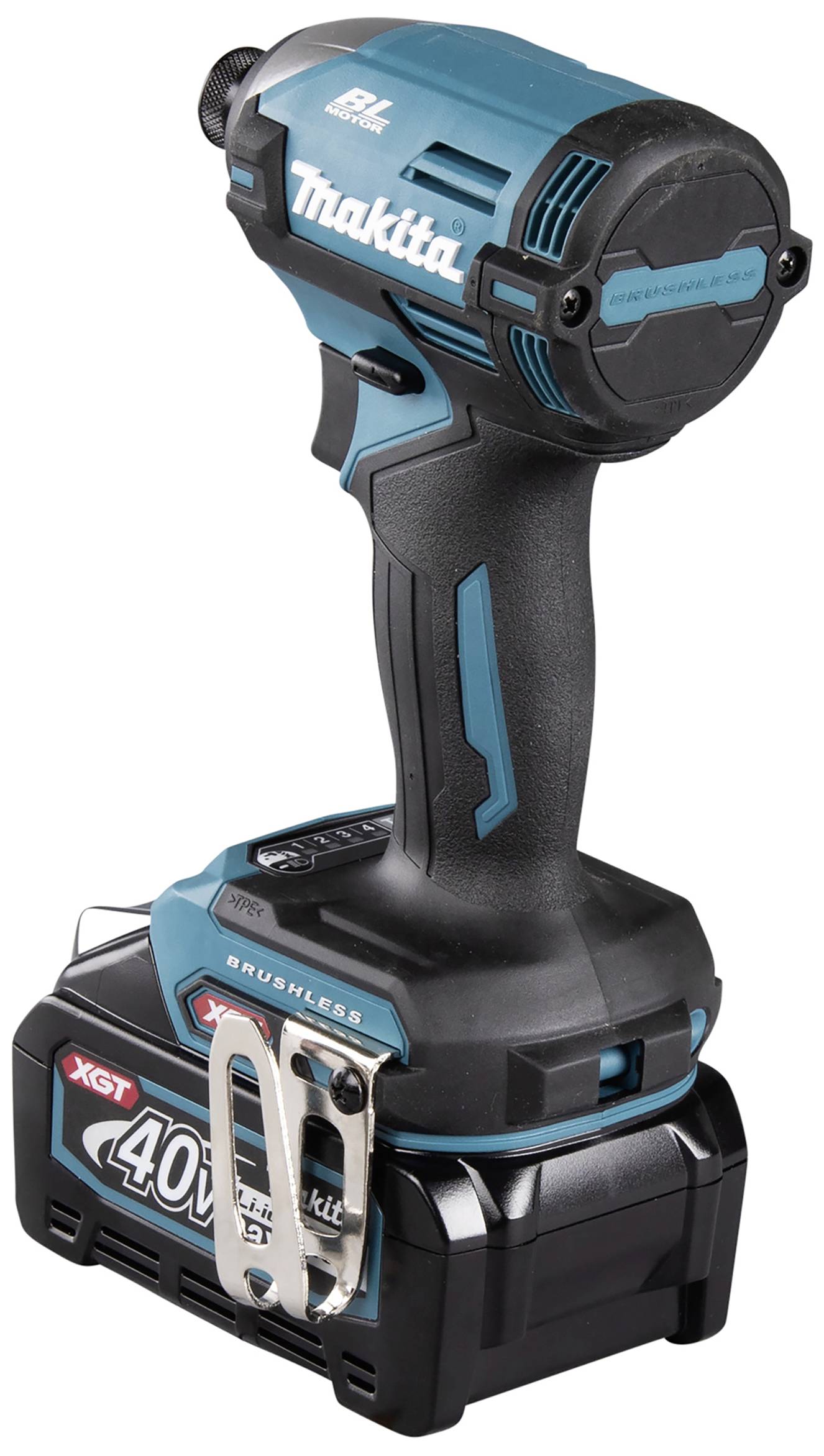 Akumulátorový šroubovák v modro-černém provedení s ergonomickou rukojetí, logem Makita, 40V baterií a technologií XGT.