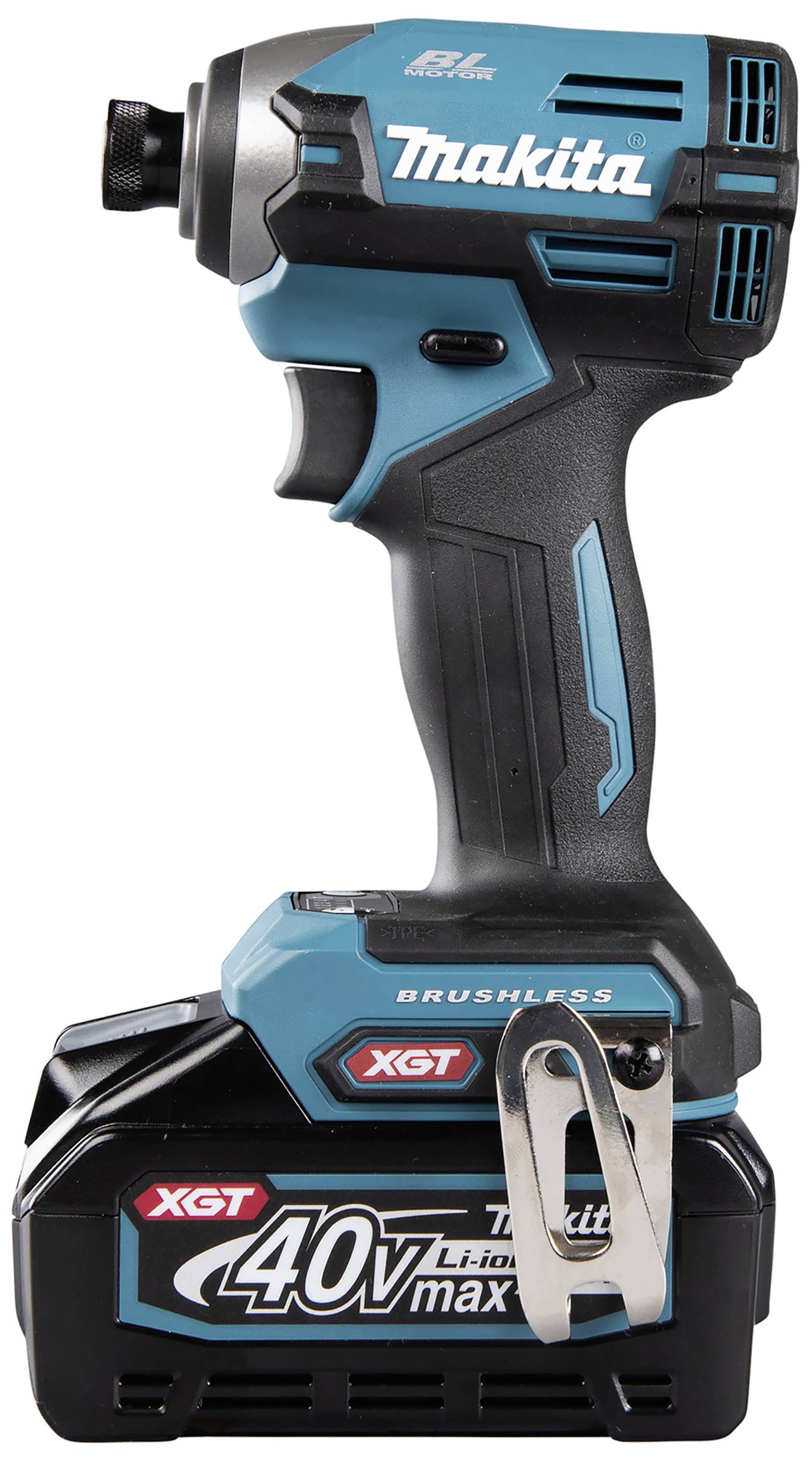 Akumulátorový šroubovák v černé a modré barvě s logem "Makita" a 40V Li-Ion baterií. Kompaktní design, ideální pro všestranné řemeslné práce.