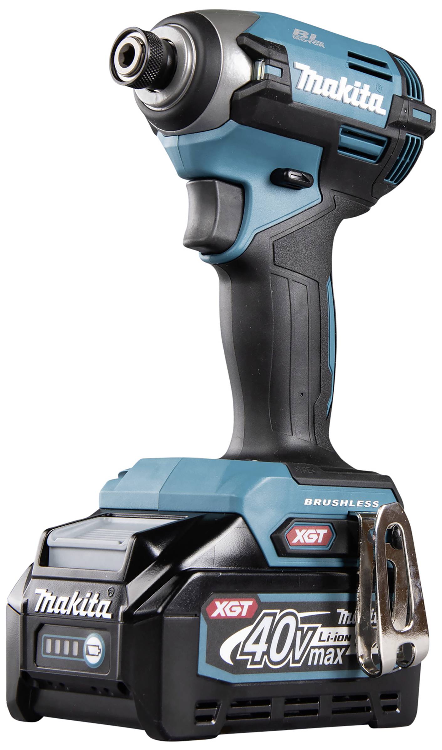 Modrý akumulátorový rázový šroubovák Makita, model XGT 40V max, s ergonomickou rukojetí a kovovou sponou na straně.