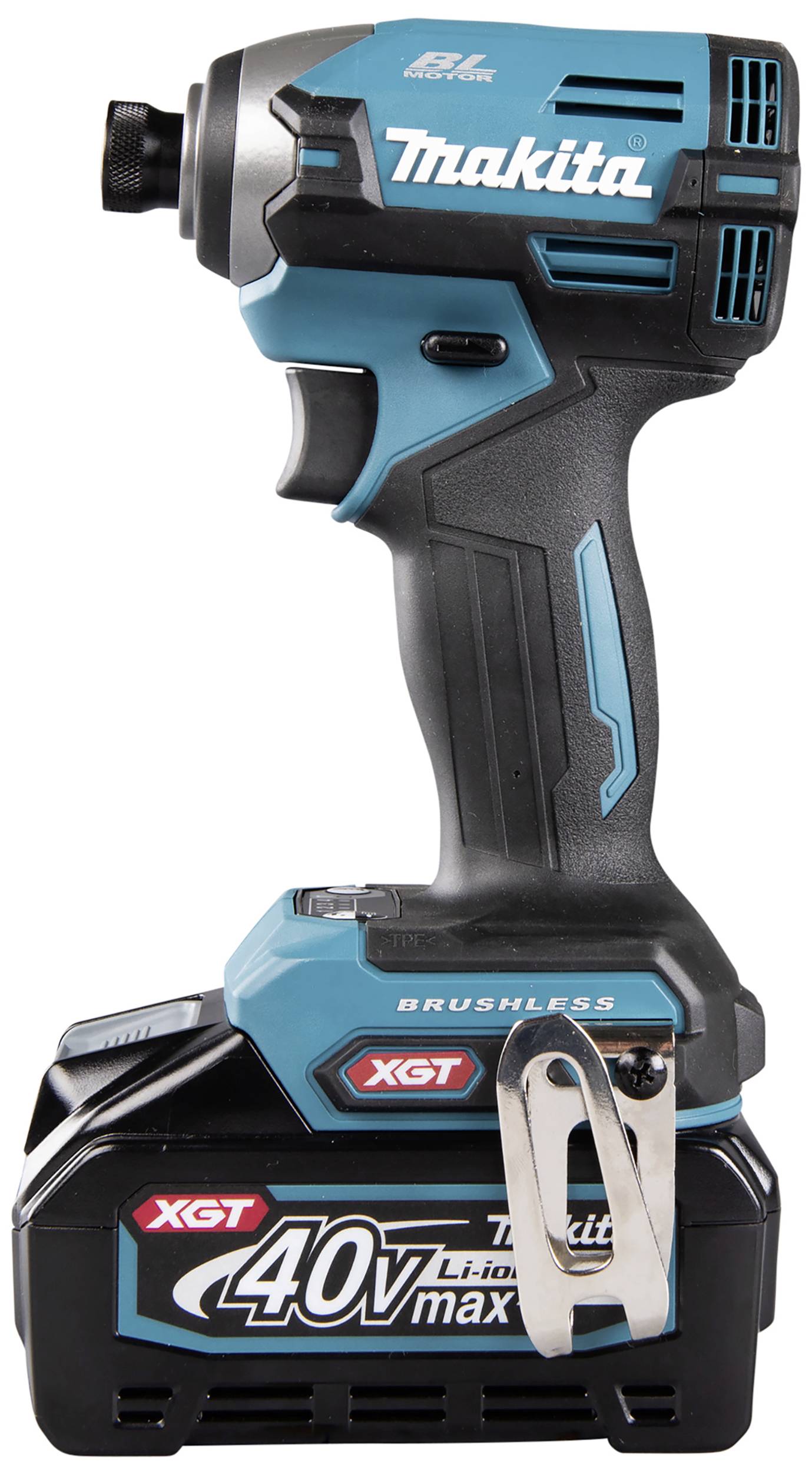 'Akumulátorový rázový utahovák v modré a černé barvě s ergonomickou rukojetí. Název značky nahoře na zařízení. Číslo modelu a logo XGT viditelné.'