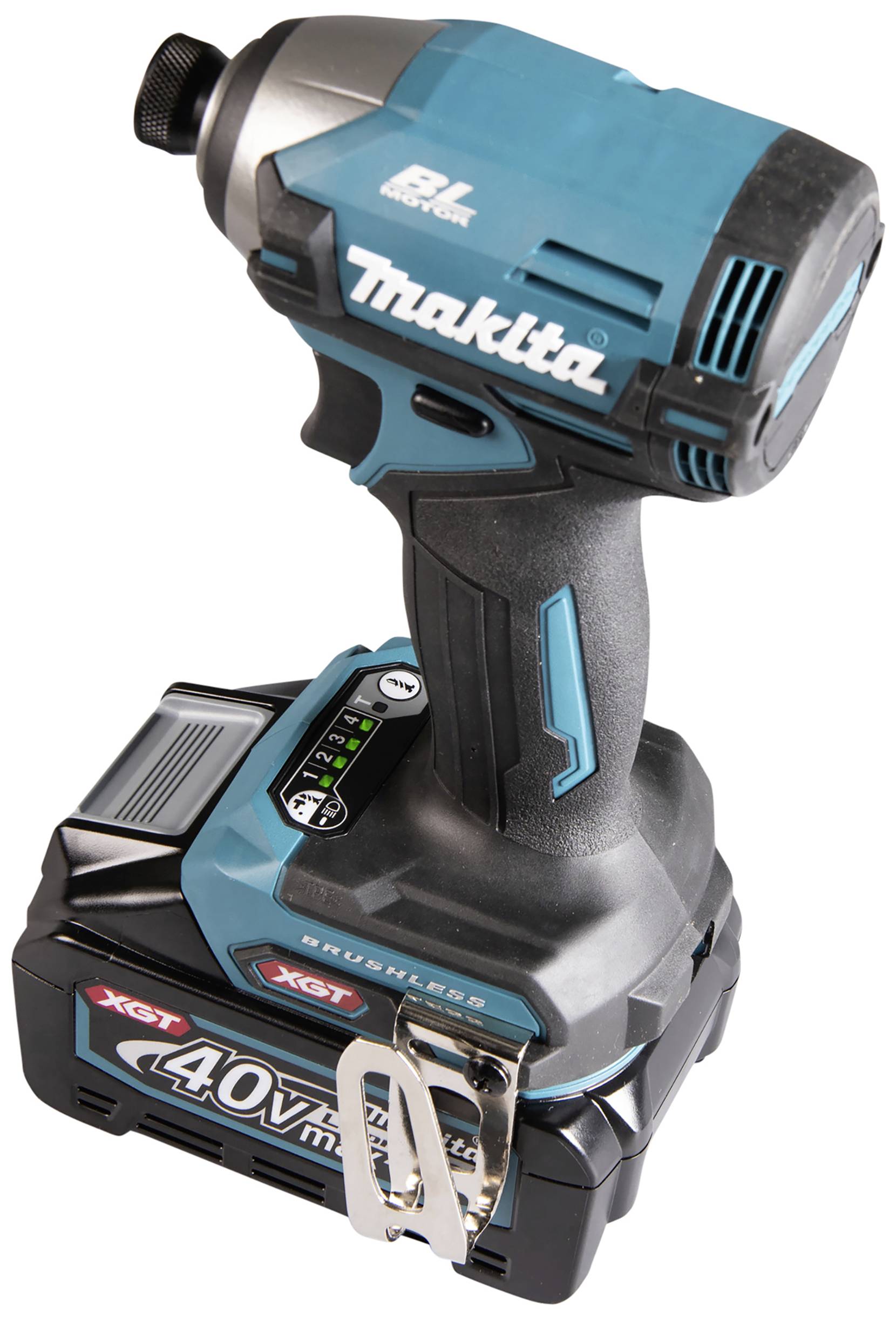 Akumulátorový rázový utahovák značky Makita v modro-černém provedení, model XGT 40V, s rukojetí a integrovanou baterií, stojící vzpřímeně.