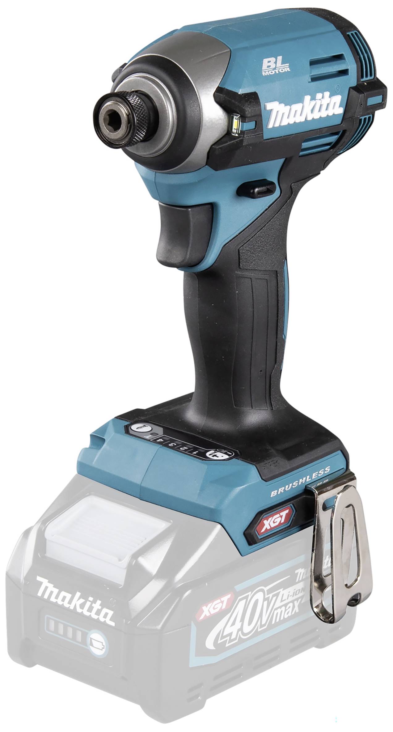 Akumulátorový rázový šroubovák s modro-černým tělem, kovovým nástavcem a ergonomickou rukojetí. Název značky a číslo modelu jsou viditelné.