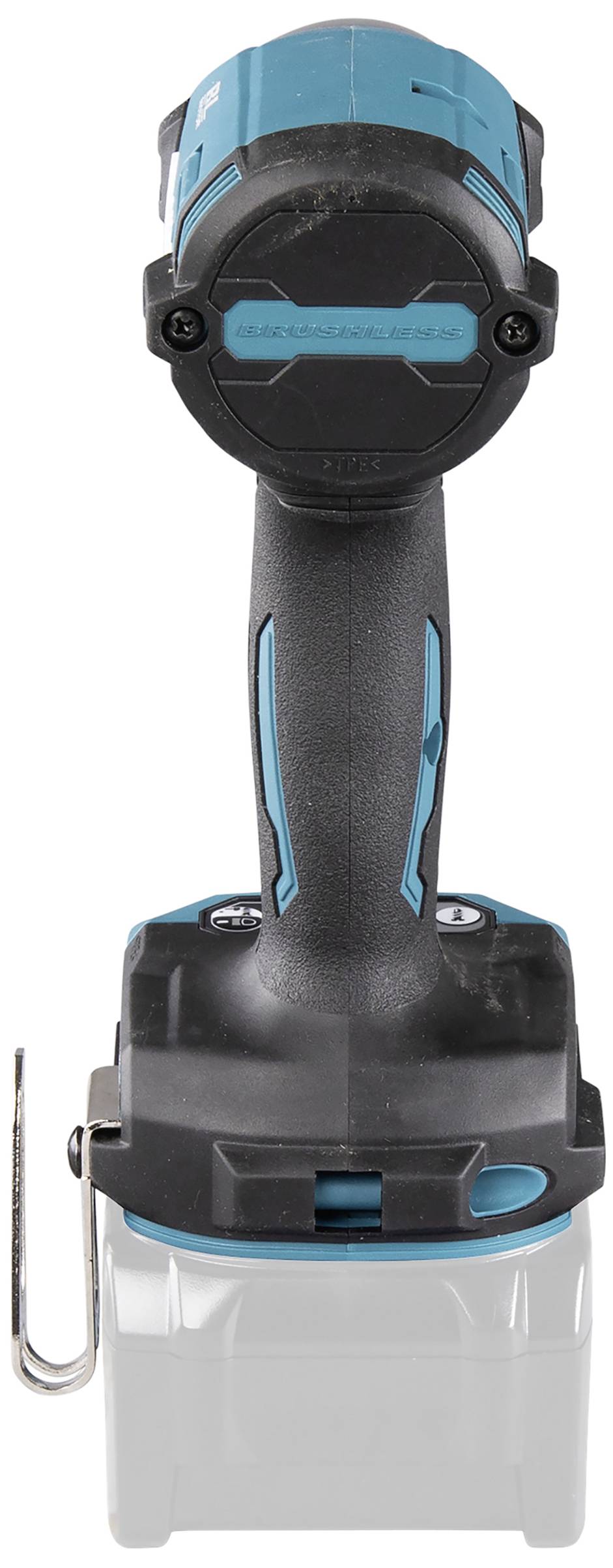 Bezdrátový akumulátorový vrtací šroubovák s modro-černým tělem. Pohled zezadu na rukojeť, akumulátor a upínací systém nástroje.