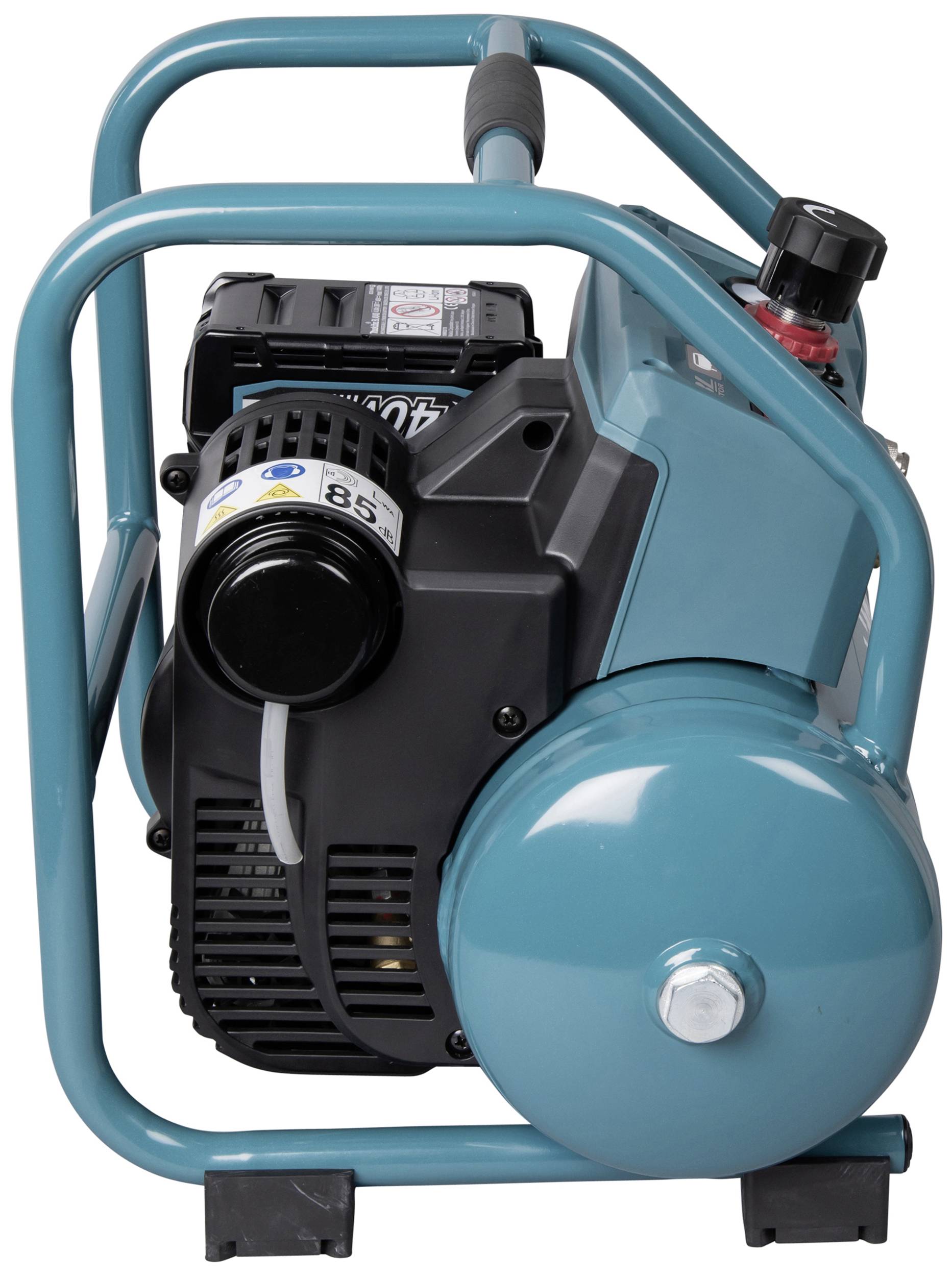 Přenosná vzduchová pumpa s modrým krytem a černým elektrickým motorem, vhodná pro použití u pneumatik a sportovních zařízení.