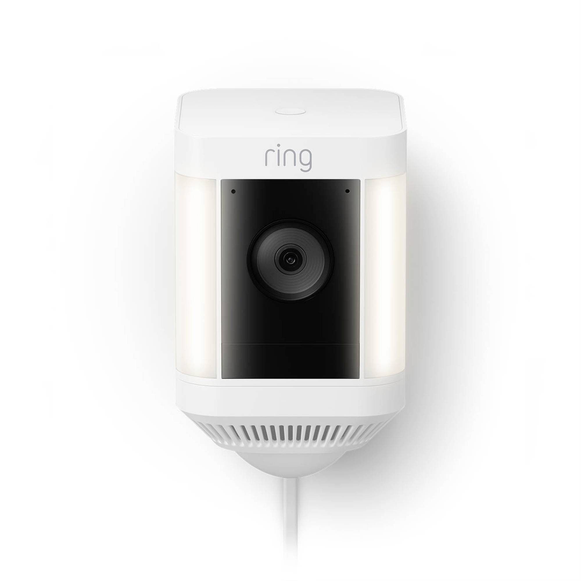 Bílá bezpečnostní kamera s nápisem 'ring' na přední straně, vhodná pro instalaci v interiéru i exteriéru.