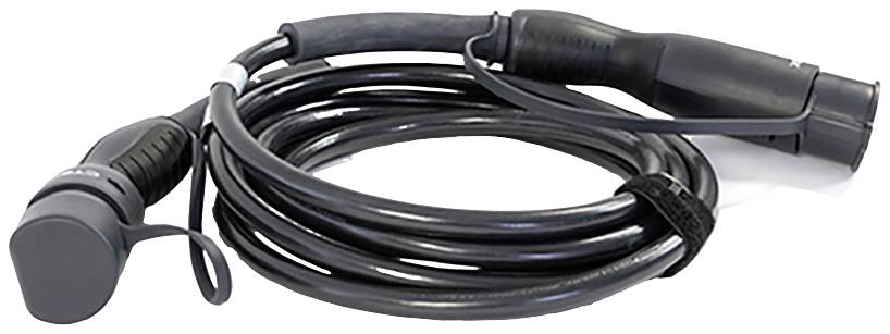 Černý elektrický napájecí kabel pro elektromobil se zástrčkami na obou koncích, svinutý a stažený suchým zipem.