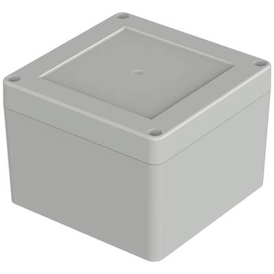 Šedý, čtvercový plastový kryt s odnímatelným víkem, vhodný pro elektronické komponenty nebo kabeláž.