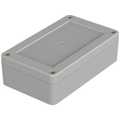 Šedý, pravoúhlý plastový kryt se šrouby v rozích, vhodný pro elektronické komponenty.