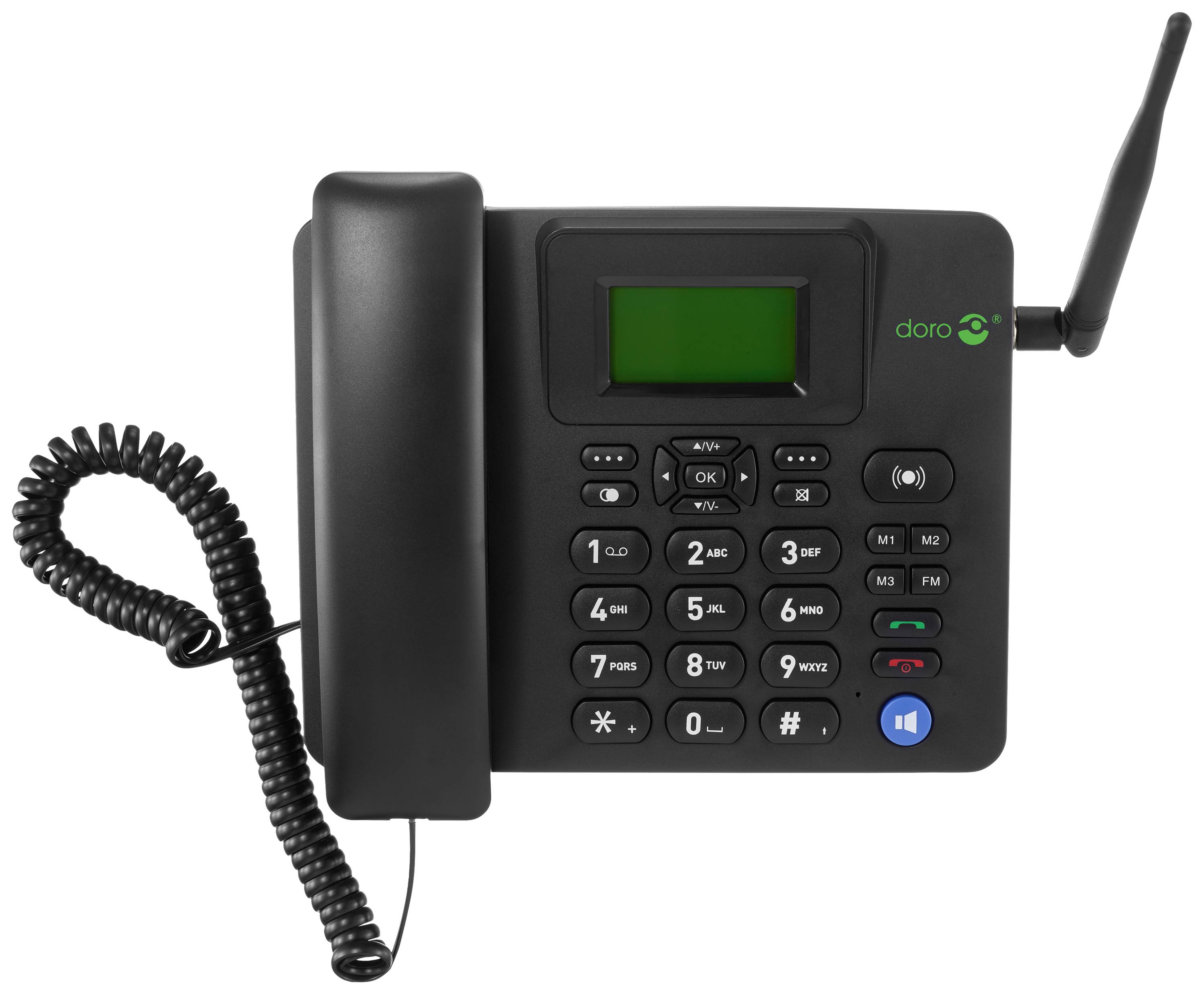 Bezdrátový telefon s klávesnicí, displejem a anténou.