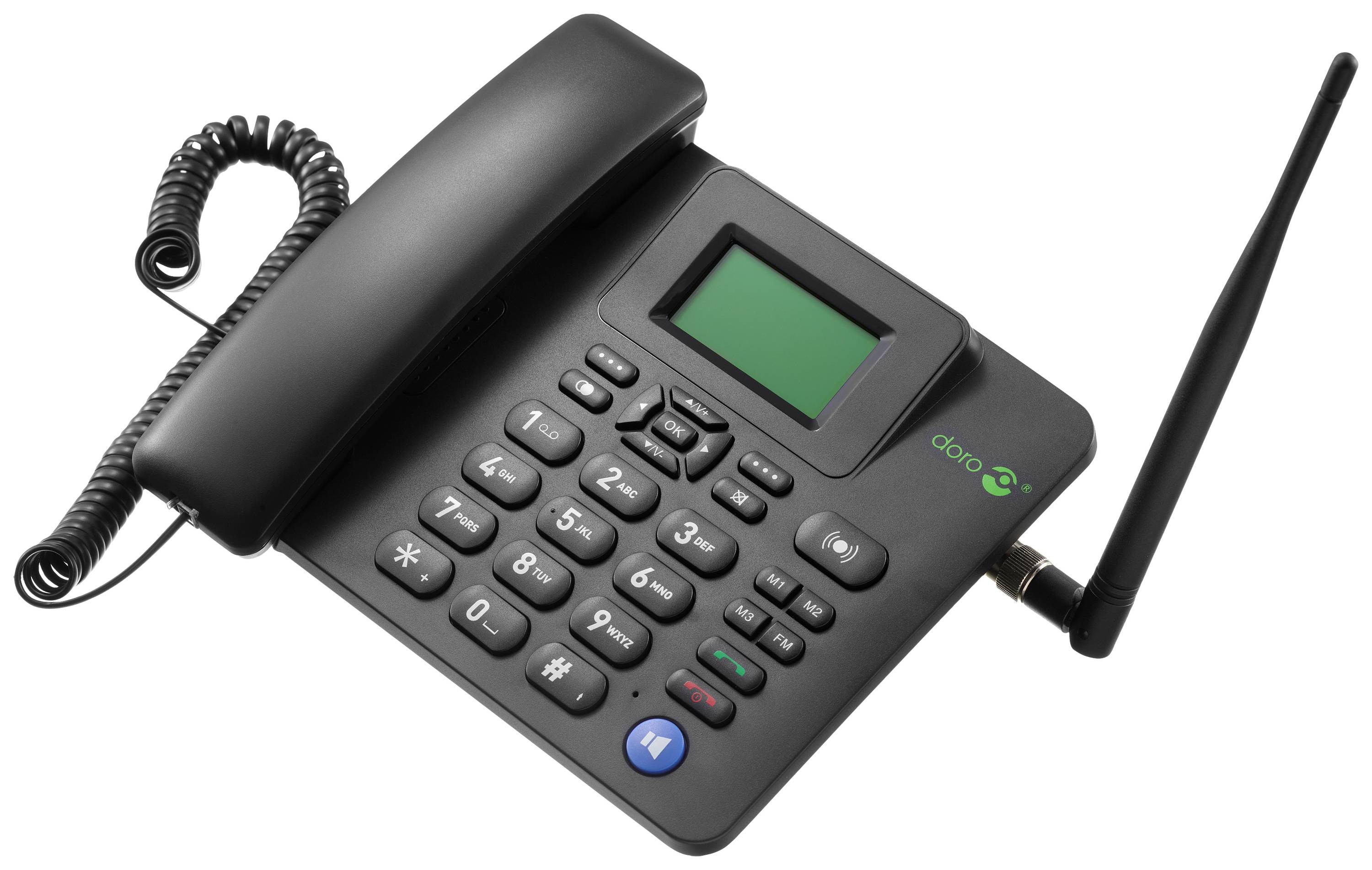 Černošedý stolní telefon s velkým displejem a tlačítky, vhodný pro seniory. Je vybaven anténou pro lepší signál.