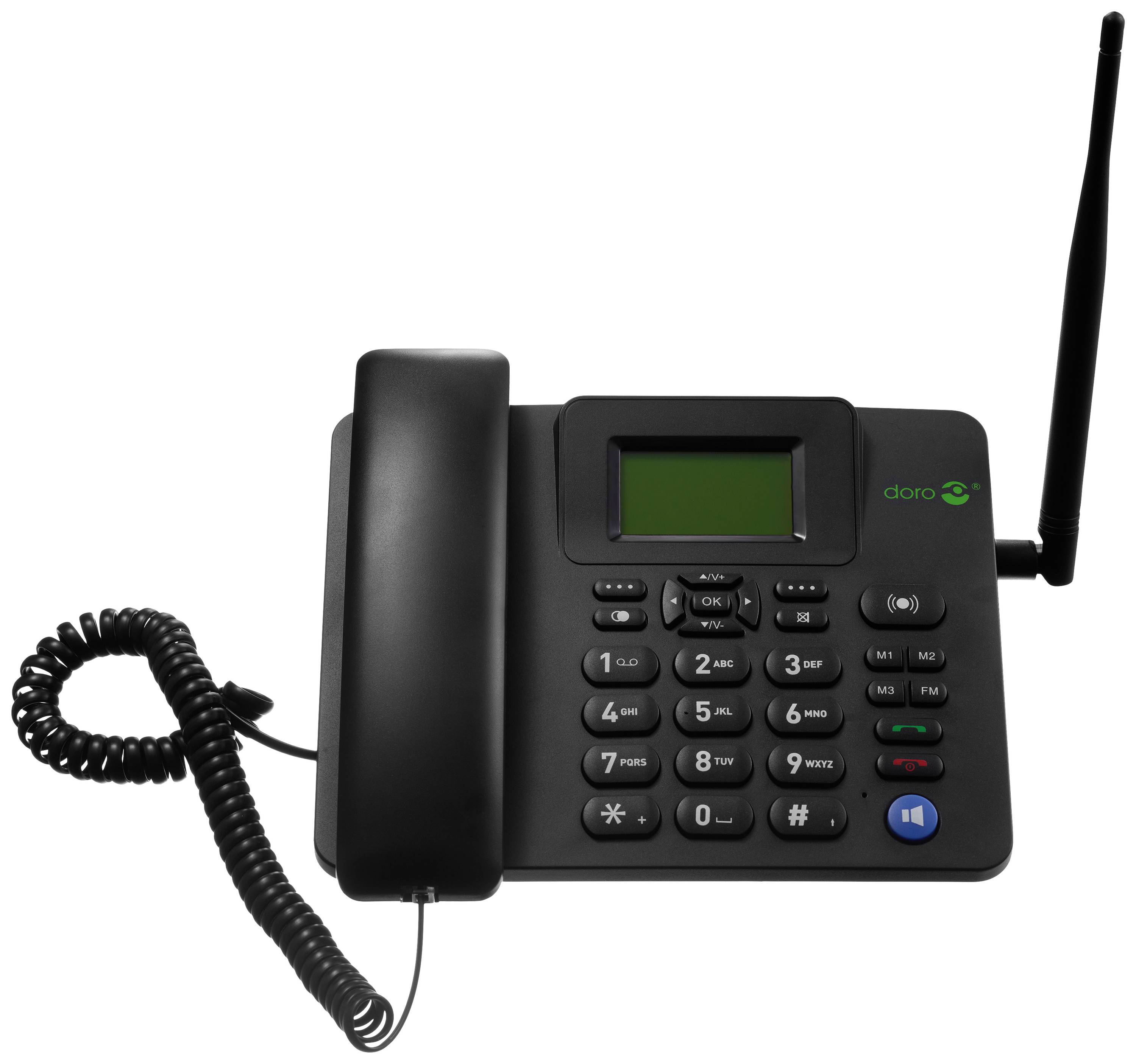 Černý stolní telefon s telefonní sluchátkou a klávesnicí, displej nahoře. Viditelná značka 'doro', anténa vpravo.