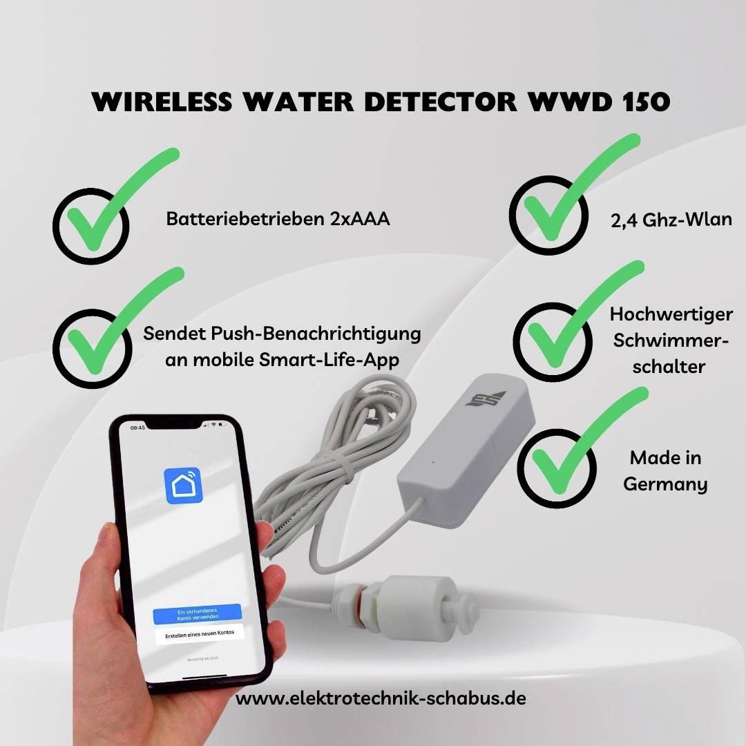 Bezdrátový detektor vody WWD 150: Napájený baterií, odesílá push oznámení, Wi-Fi 2,4 GHz, Vysoce kvalitní plovákový spínač, Vyrobeno v Německu.