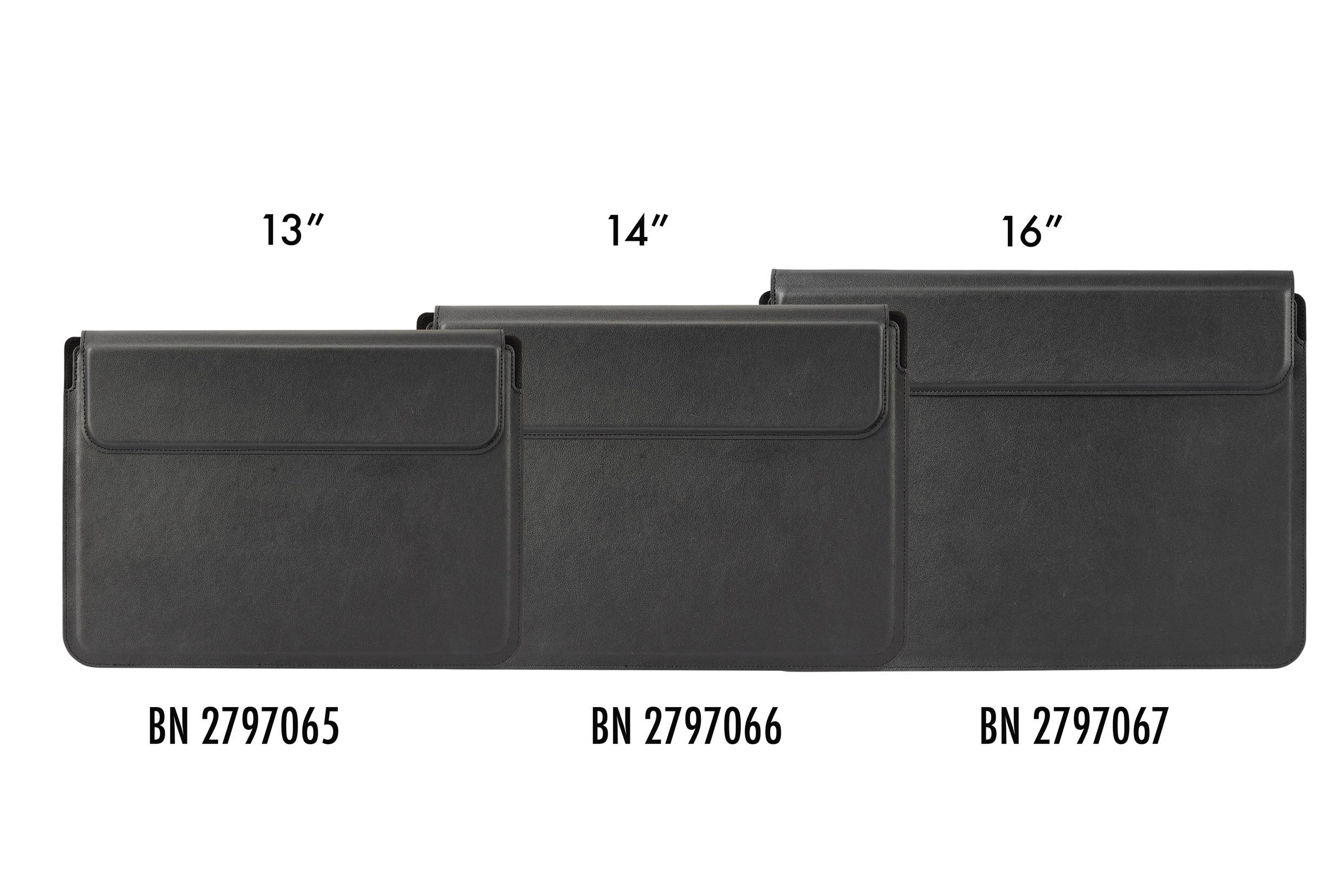 Tři černé obaly na notebook velikostí 13", 14" a 16" s objednacími čísly BN 2797065, BN 2797066 a BN 2797067.