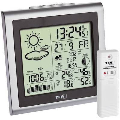 Digitální displej meteorologické stanice zobrazuje datum, den v týdnu, čas, měsíční fázi, vnitřní a venkovní teplotu a také vlhkost vzduchu.