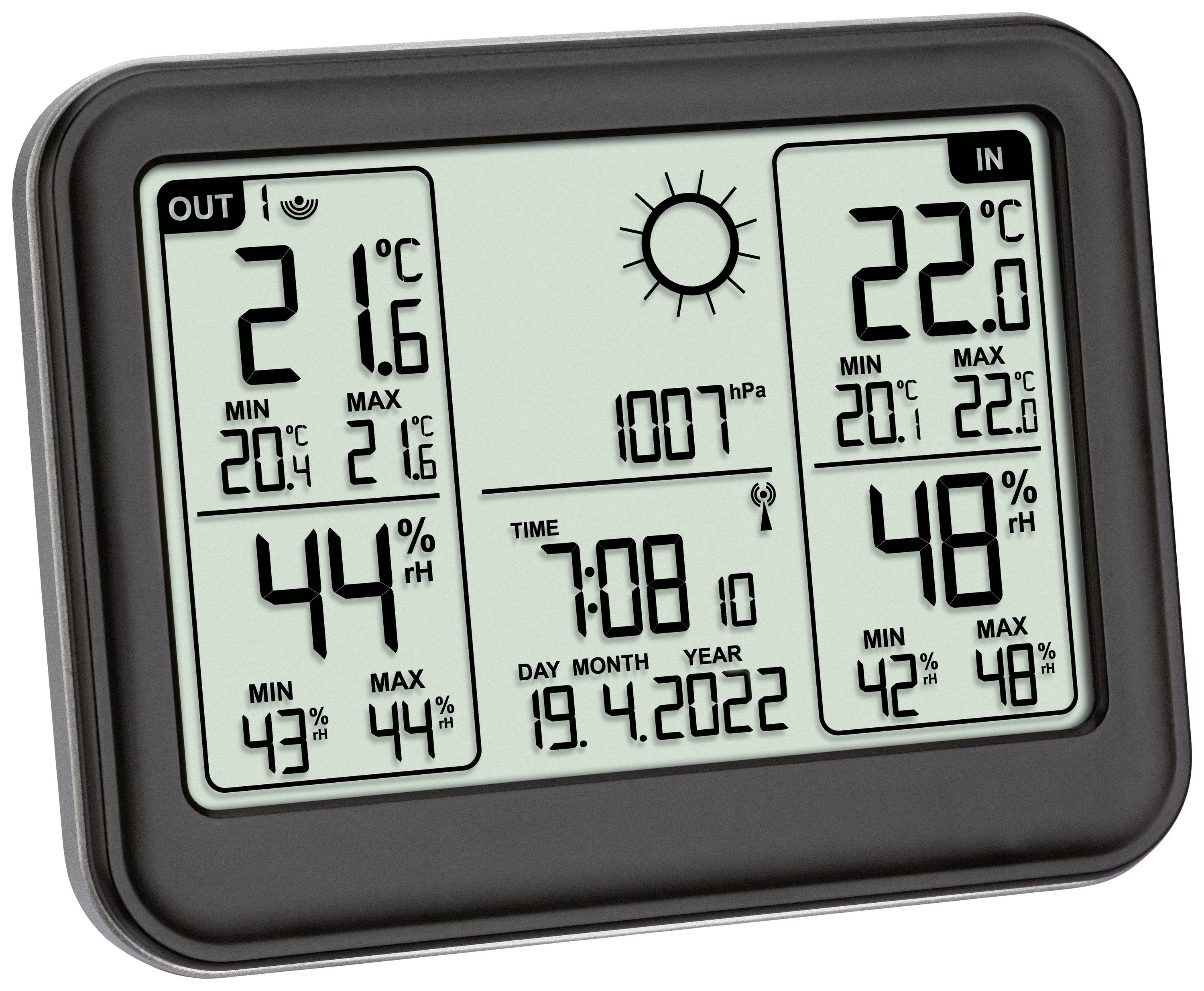 Digitální teploměr ukazuje venkovní teplotu 21,6°C a vnitřní teplotu 22°C, s indikací vlhkosti vzduchu a data.
