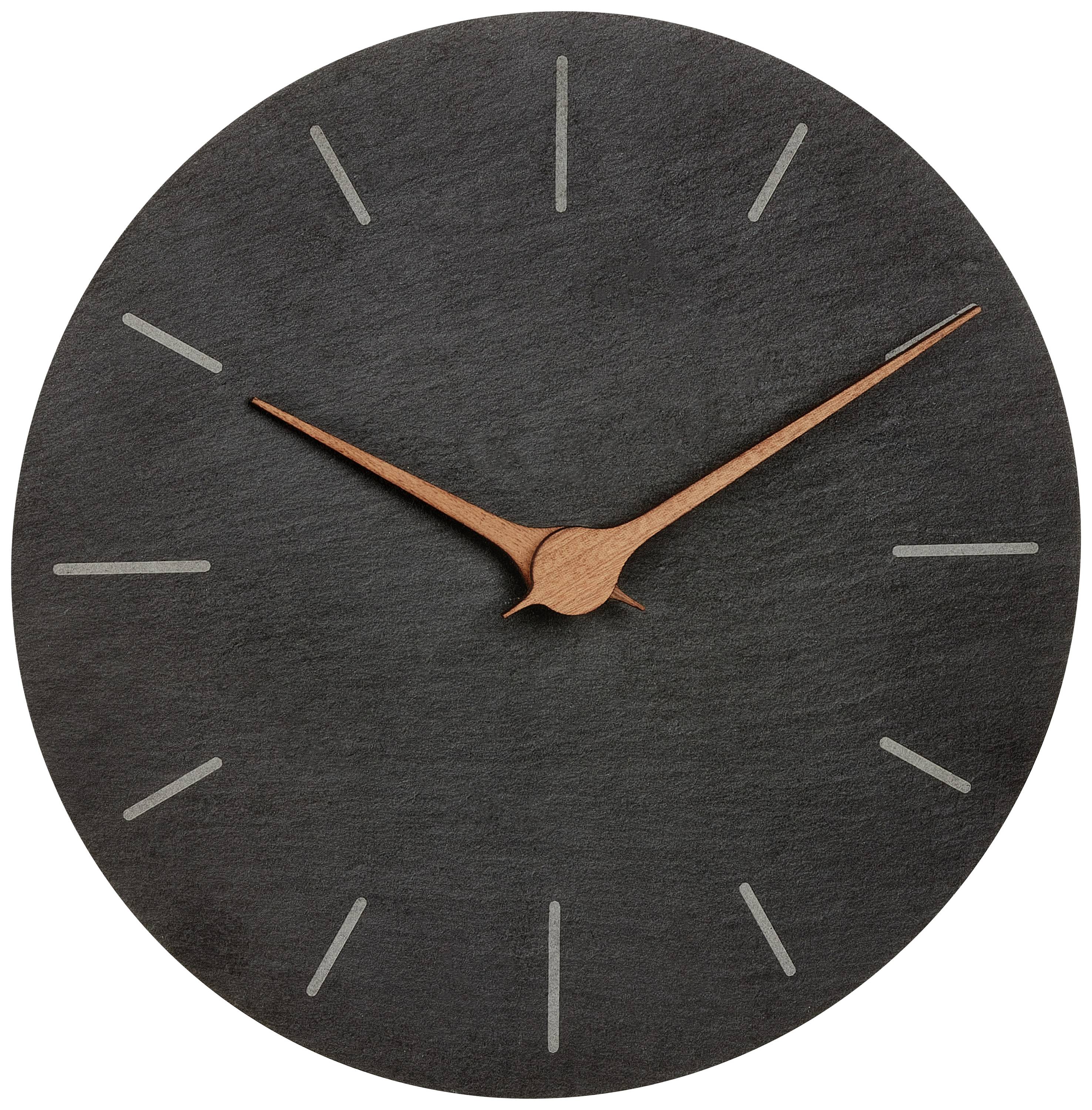 Minimalistické nástěnné hodiny s kulatým tvarem, tmavě šedým ciferníkem a jednoduchými dřevěně zabarvenými ručkami. Značky jsou tenké čárky.