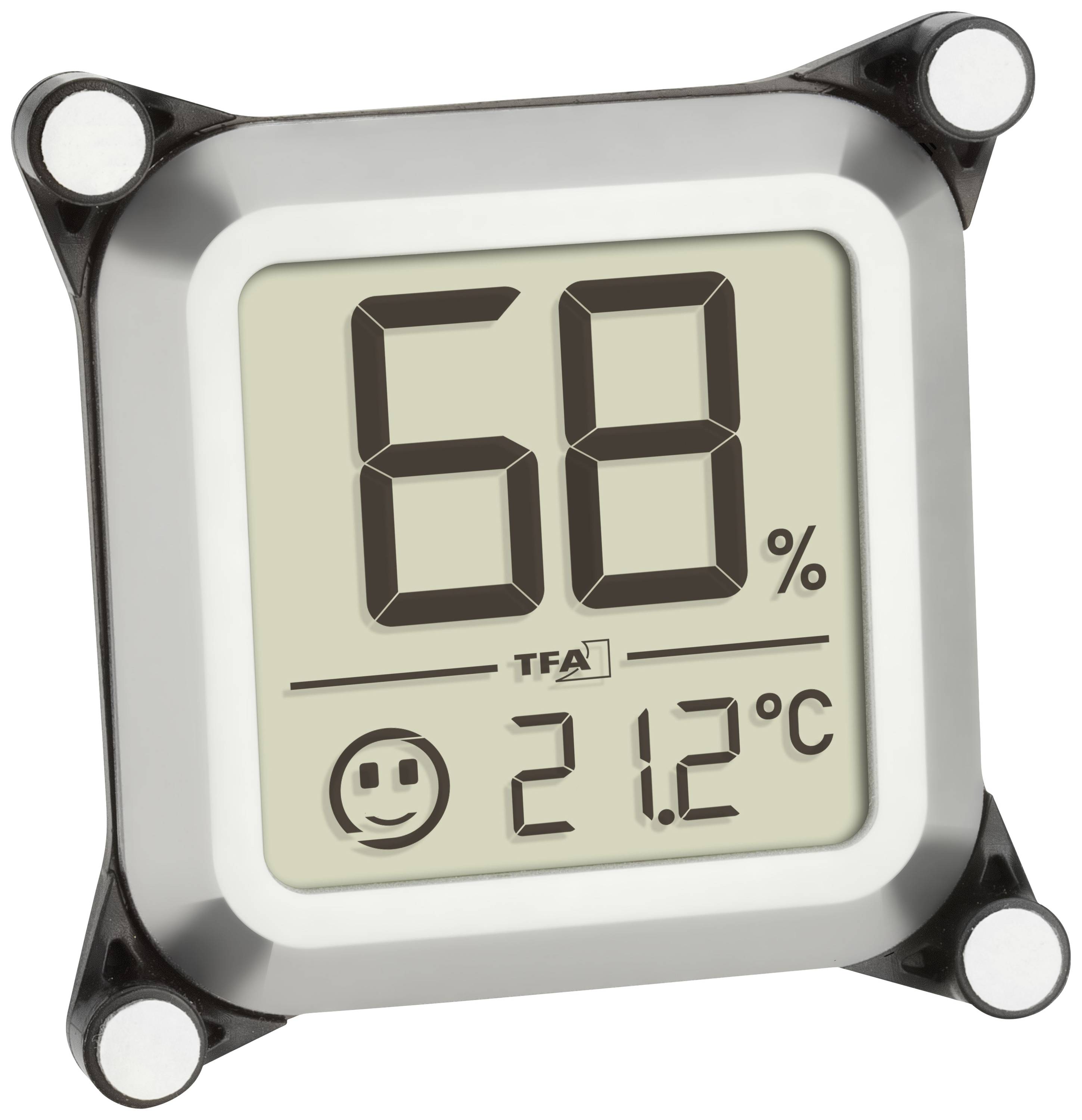 Digitální vlhkoměr ukazuje 68% relativní vlhkosti a 21,2°C teploty.