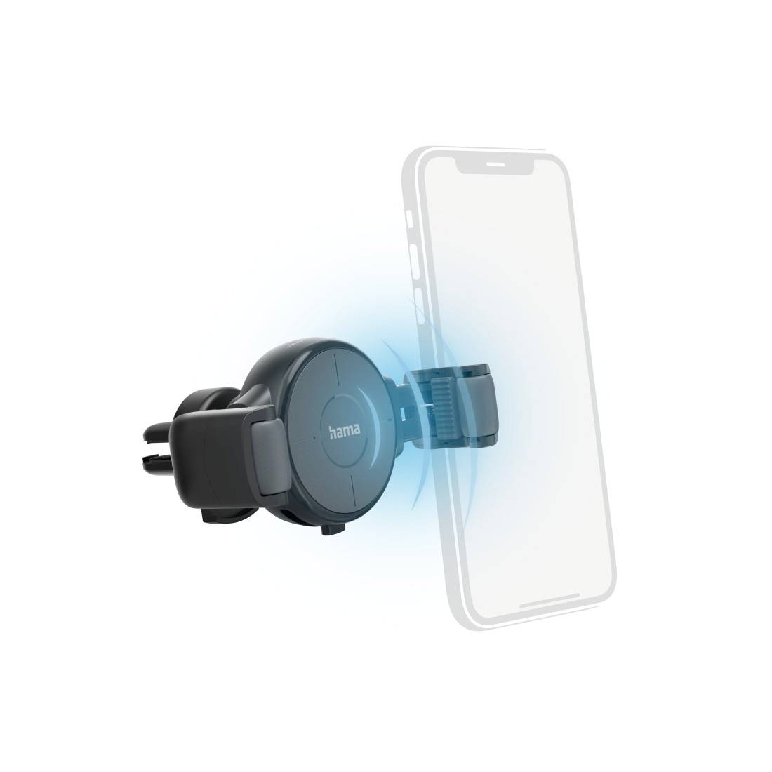 Držák mobilního telefonu do auta značky Hama, univerzální. Ukazuje magnetický držák, který upevňuje telefon v blízkosti, určený k uchycení na větrací mřížky.