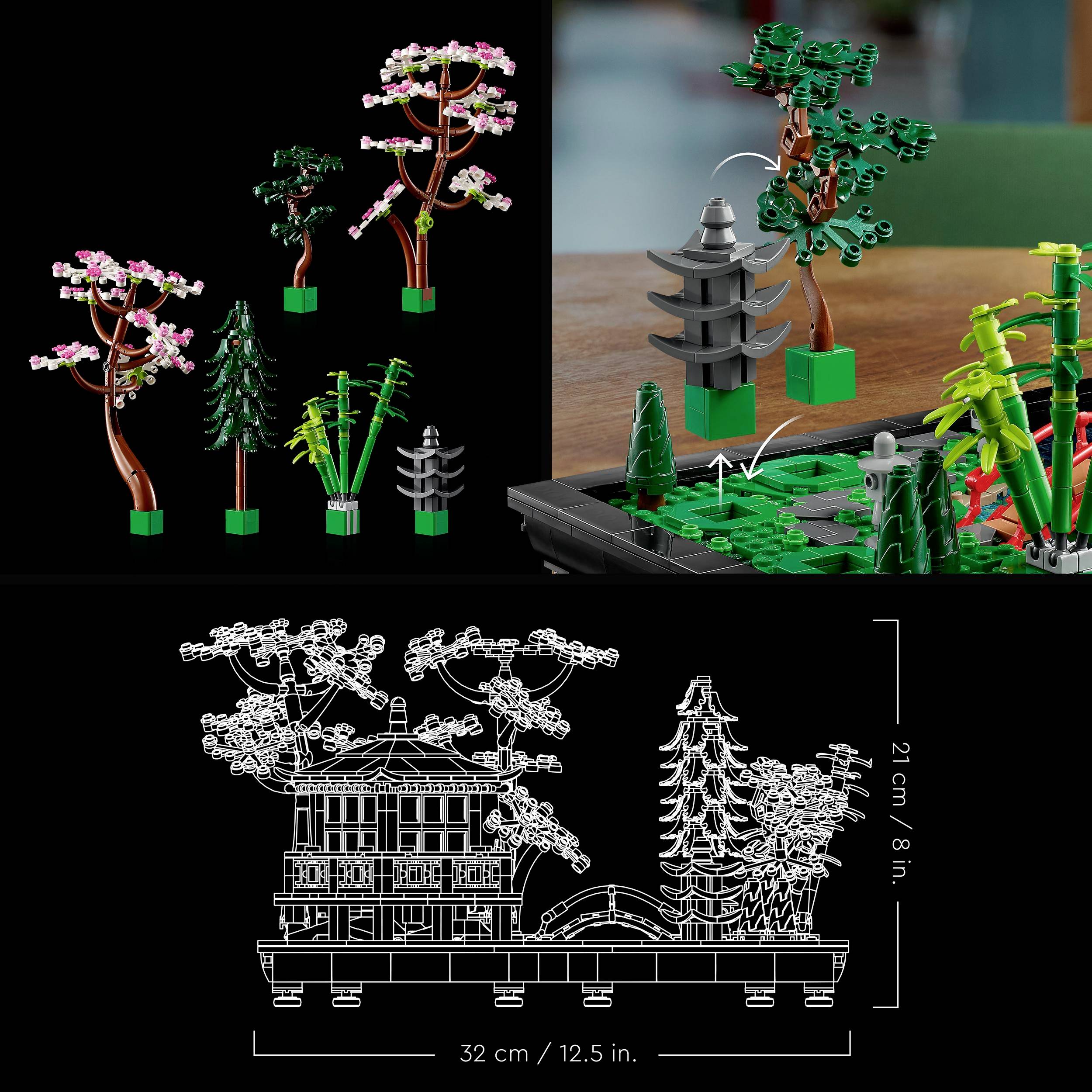 Sada herních prvků stromů z bloků, včetně růžových a zelených stromů, 3D zobrazení nahoře a měřítkový model dole. Rozměry: 32 cm x 21 cm.