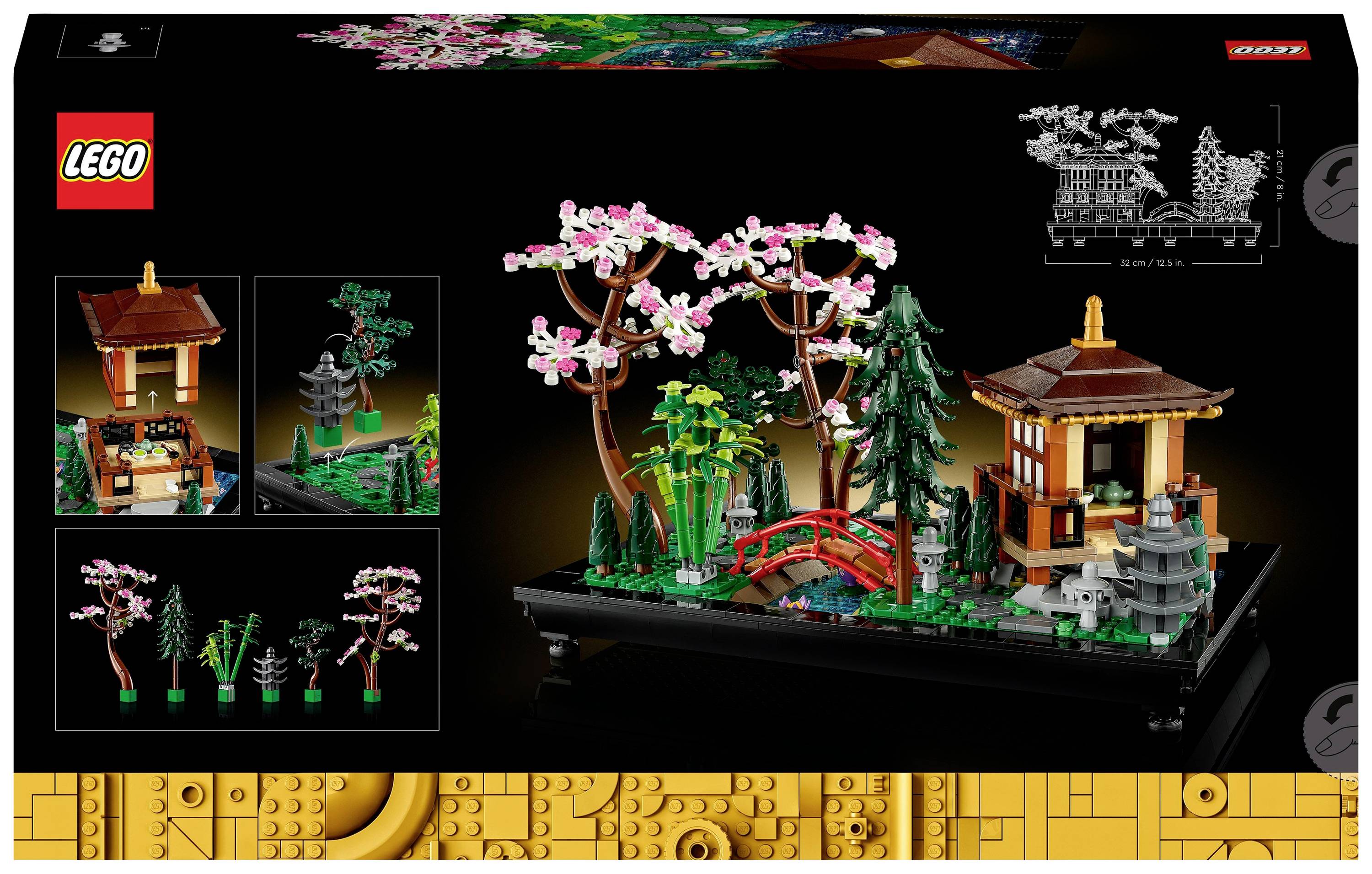 Stavebnice LEGO 'Japonská zahradní krajina' zobrazuje třešňové stromy s květy, most a pavilon. Obsahuje další zahradní prvky pro dekoraci.