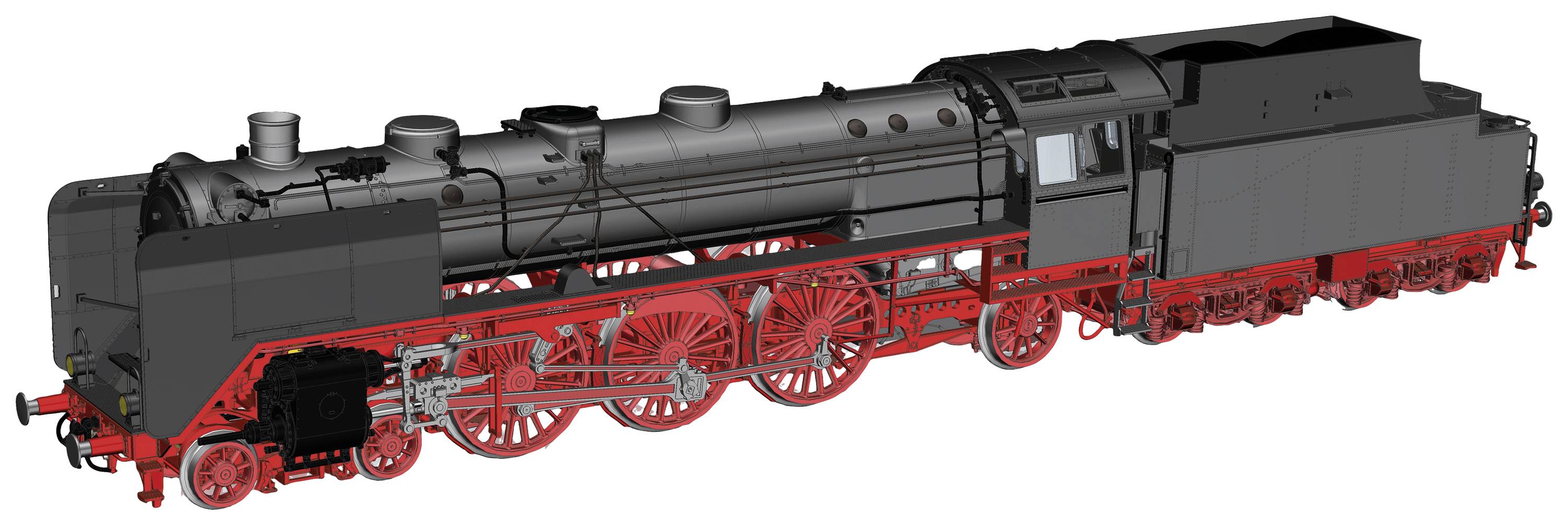 Detailní model historické parní lokomotivy s černými a červenými prvky, pohled z boku.