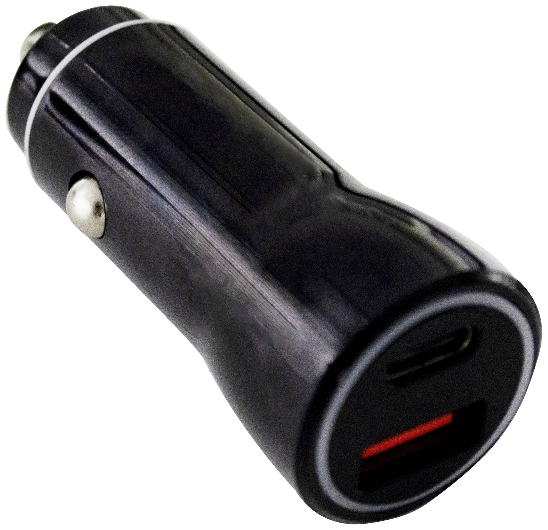 Černá USB autonabíječka se dvěma porty: USB-A a USB-C. Ideální pro nabíjení zařízení během jízdy.