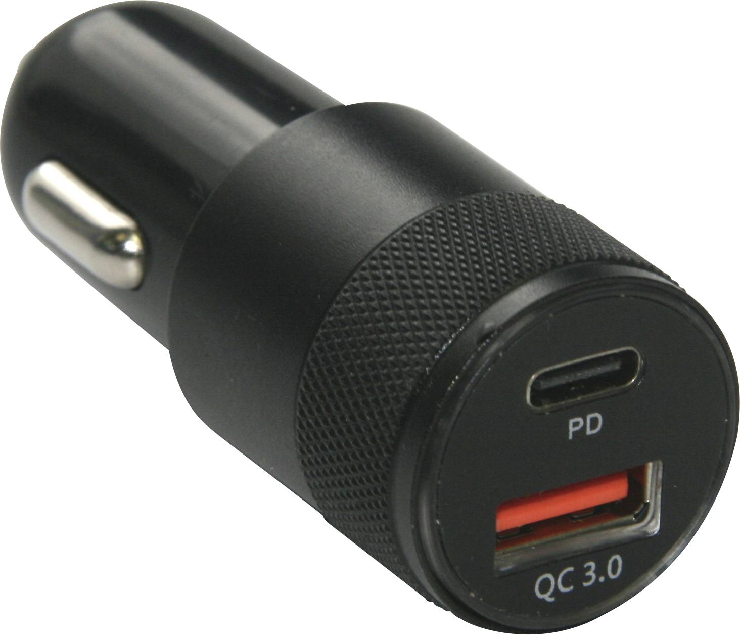 Černá autodobíječka USB s USB-C a USB portem, označená štítky 'PD' a 'QC 3.0', leží na světlém povrchu.