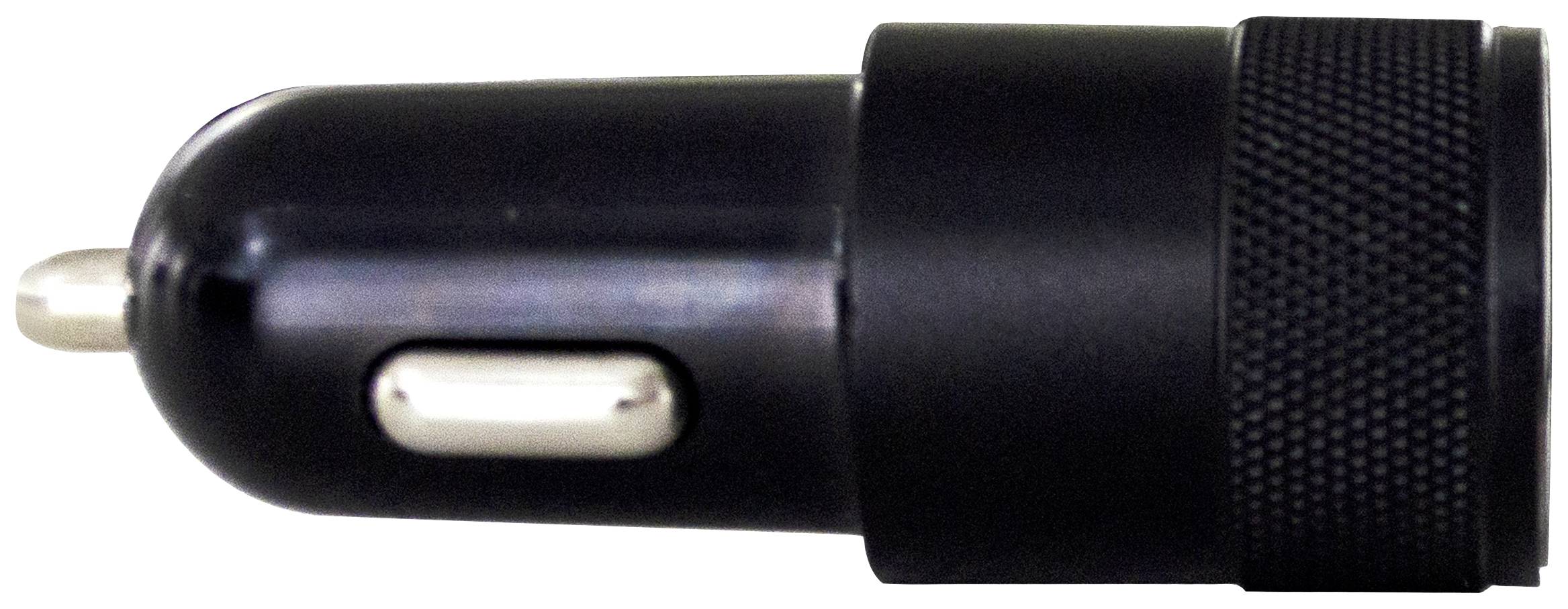 Černá USB autorská nabíječka s kovovým konektorem, kompaktní a válcovitého tvaru, určená k nabíjení zařízení během cesty.