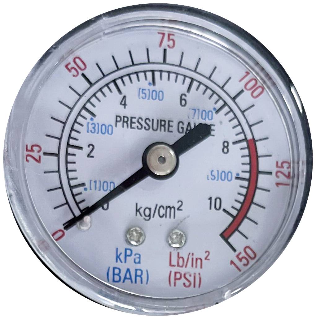 Manometr se stupnicí v kPa (BAR) a PSI, ukazuje tlak 8 kg/cm². Stupnice od 0 do 150 PSI a 0 do 10 BAR.