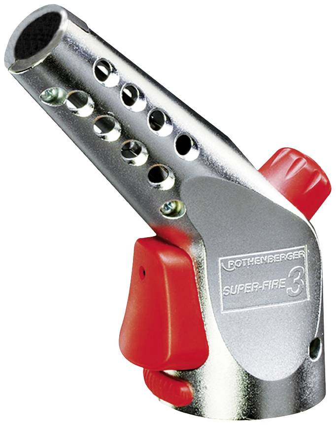 Šikovný stříbrný pájecí hořák s červenými rukojeťmi, model 'ROTHENBERGER SUPER FIRE 3', s větracími otvory na trysce.