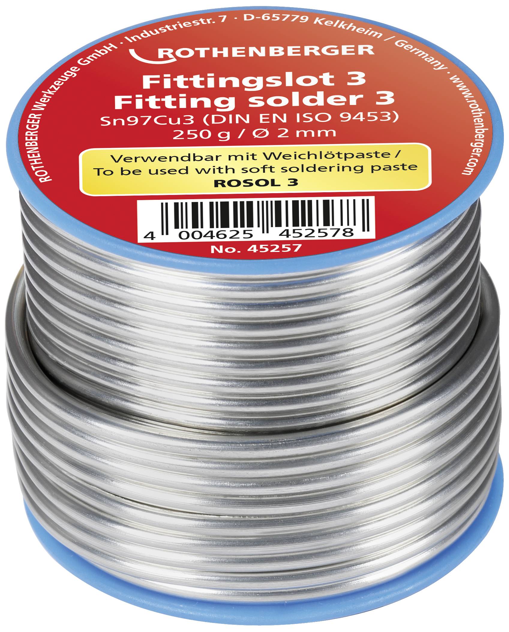 Stříbrná pájka v roli s etiketou 'ROTHENBERGER Pájka na fitinky 3, Sn97Cu3, 250 g/0,2 mm'. Používá se s měkkou pájkou ve formě pasty 'ROSOL 3'.