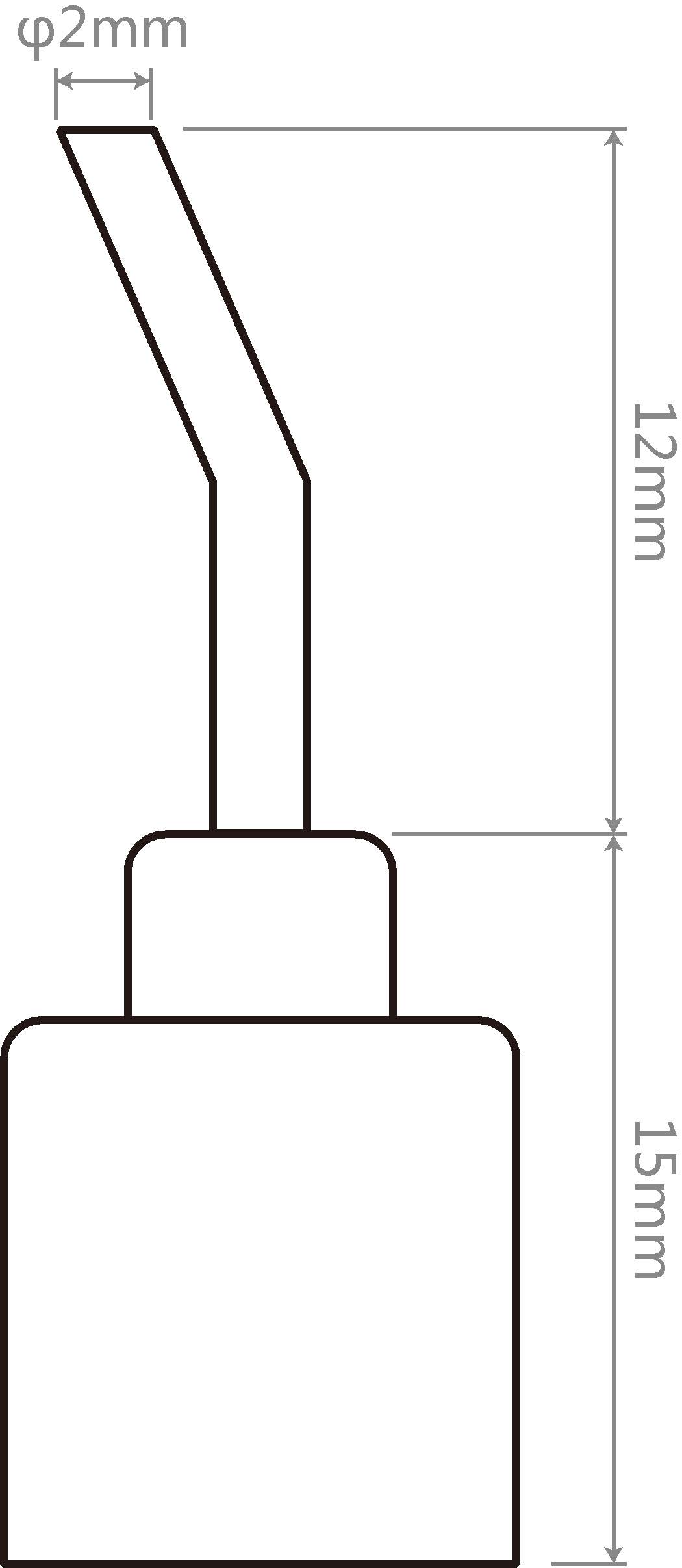 Diagram lahvového nástavce s rozměry: Ústí je dlouhé 12 mm a má průměr 2 mm; láhev je vysoká 15 mm.