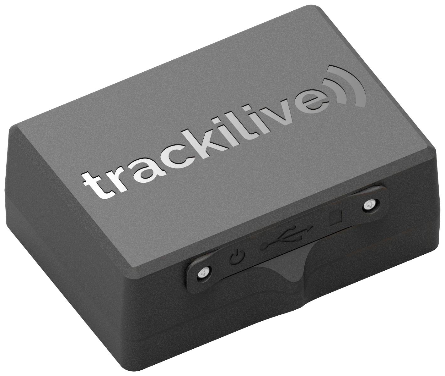Šedý kryt s nápisem 'trackilive', USB port vpředu.