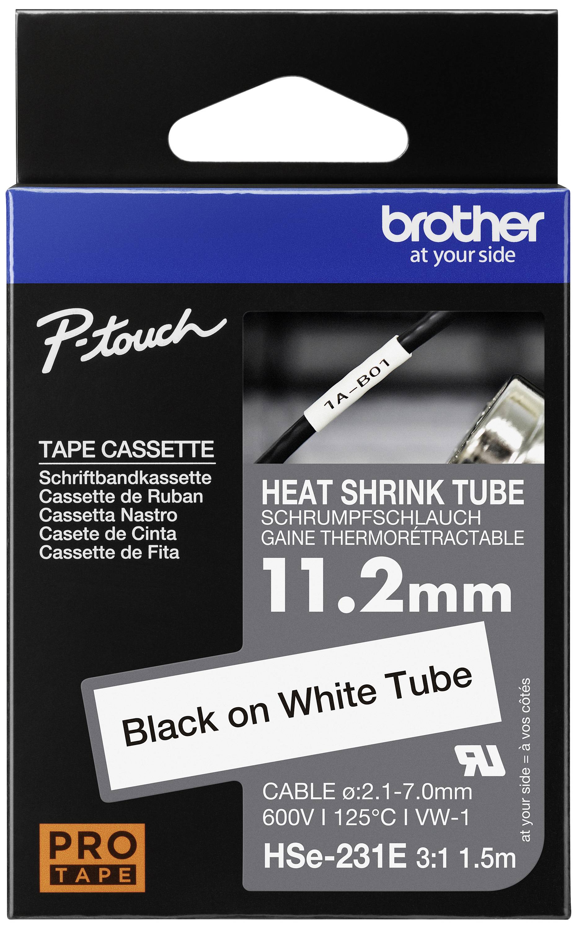 Balení Brother P-touch pro smršťovací bužírky, 11,2 mm, černá na bílé, model HSe-231, pro kabely 0,2-7,0 mm, teplem smrštitelné.