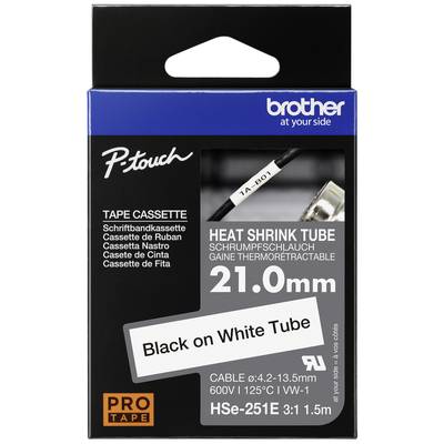 Schwarze Brother Pro páska do štítkovače pro smršťovací bužírky, 21,0 mm, s textem 'Černý text na bílé bužírce'. Vhodná pro kabely o průměru 0,4-13,5 mm.