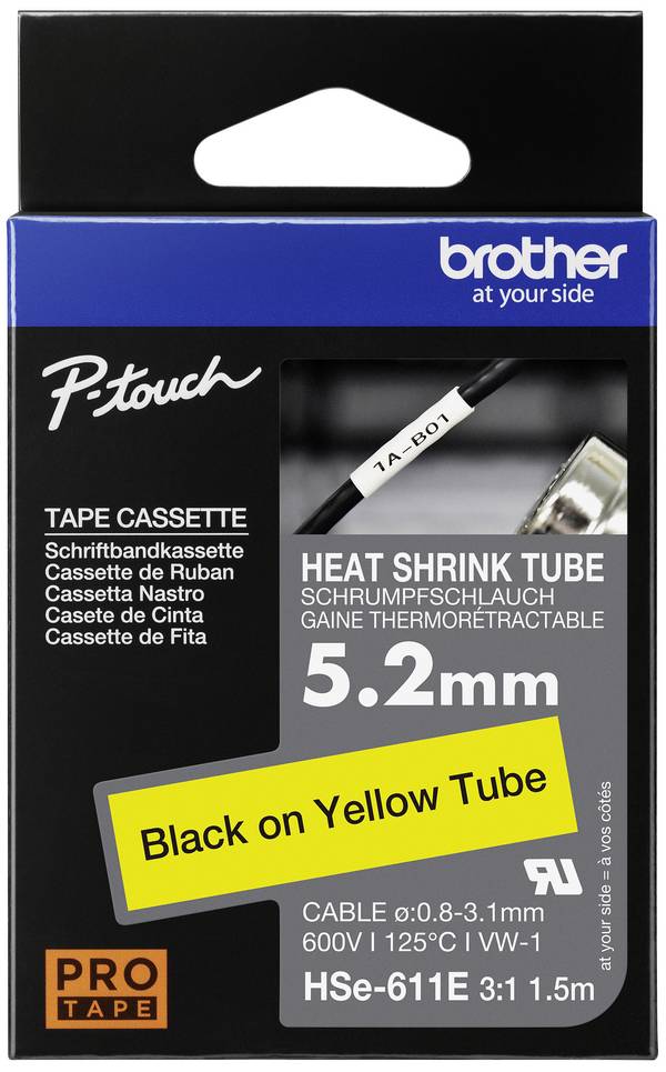 Brother HSe  HSE611E  Barva pásky: žlutá Barva písma:černá 5.2 mm 1.5 m
