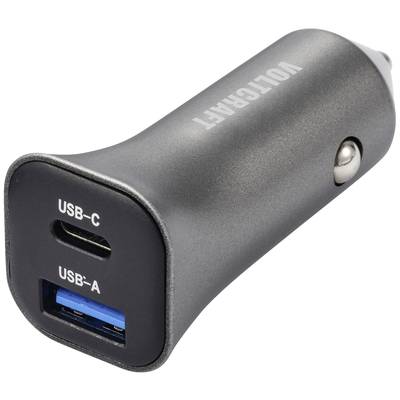 Černá USB autonabíječka s USB-C a USB-A porty na přední straně, s vytištěným názvem produktu 'Voltcraft'.