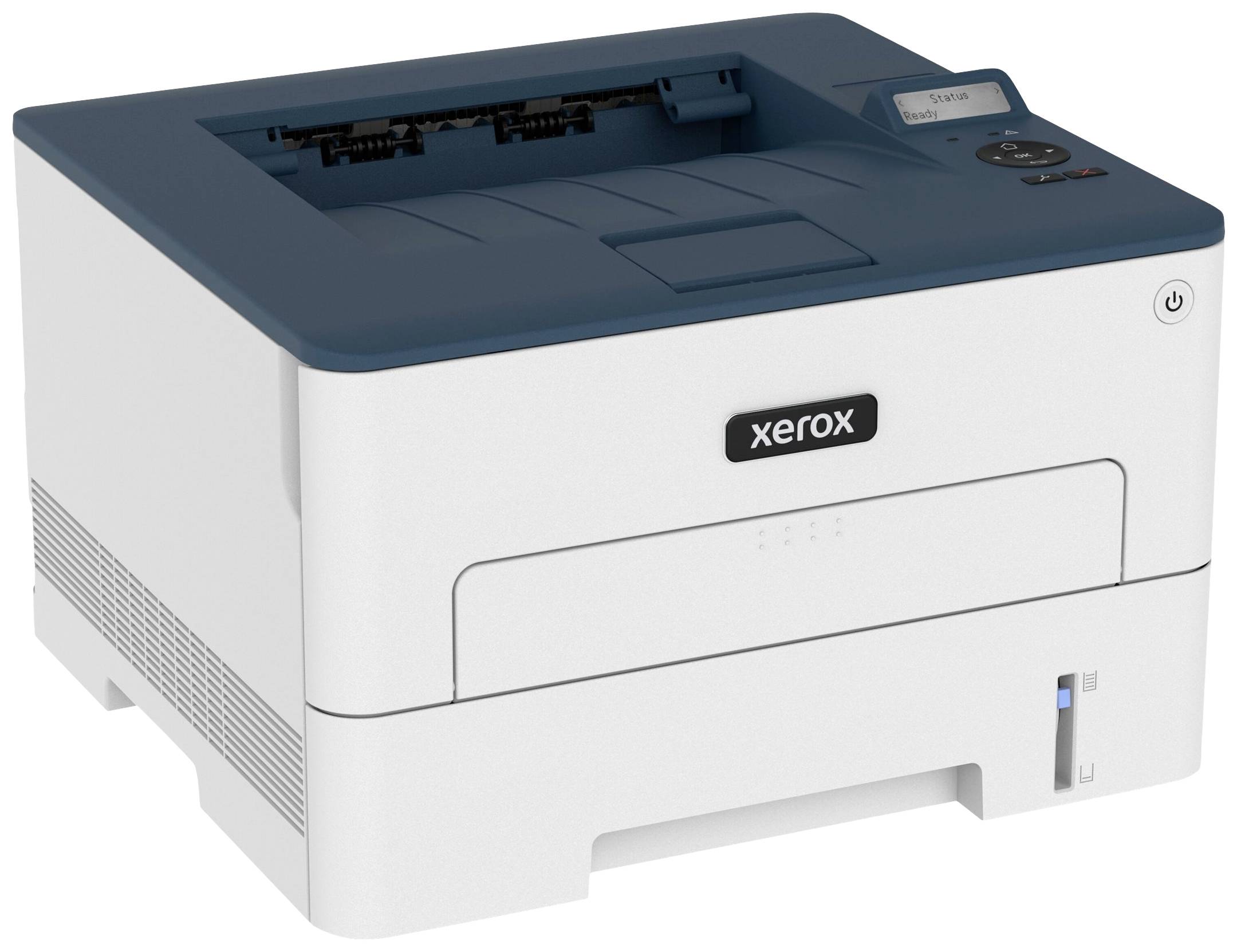 Bílá tiskárna s modrým krytem, na kterém je napsán název značky 'Xerox'. Tiskárna má digitální displej a několik ovládacích prvků.